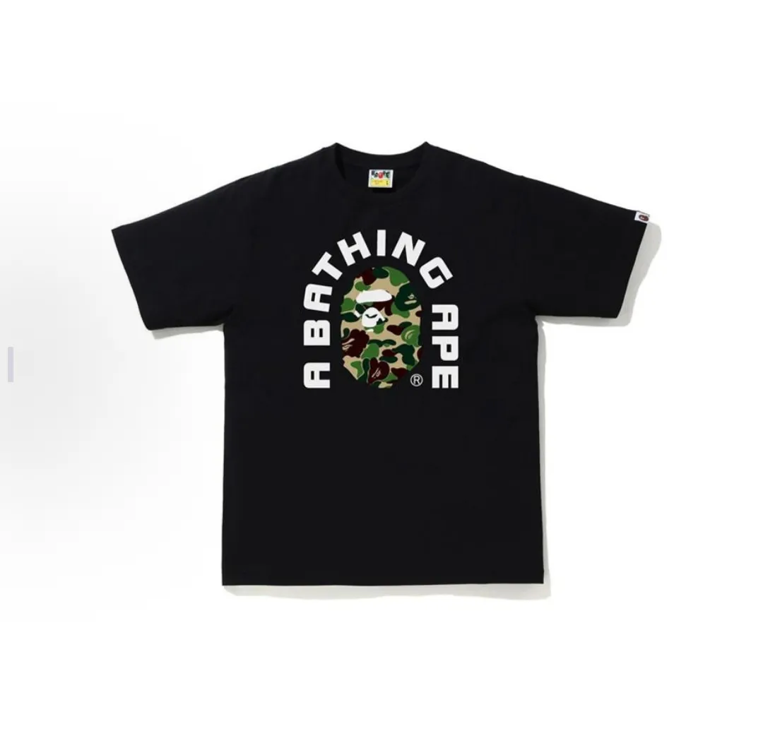 P110 001115 BAPE autumn and winter letter camouflage ape print short-sleeved T-shirt, same style for men and women, size smlxlxxl, black and green, black basket, black pink, white green, white blue, white pink