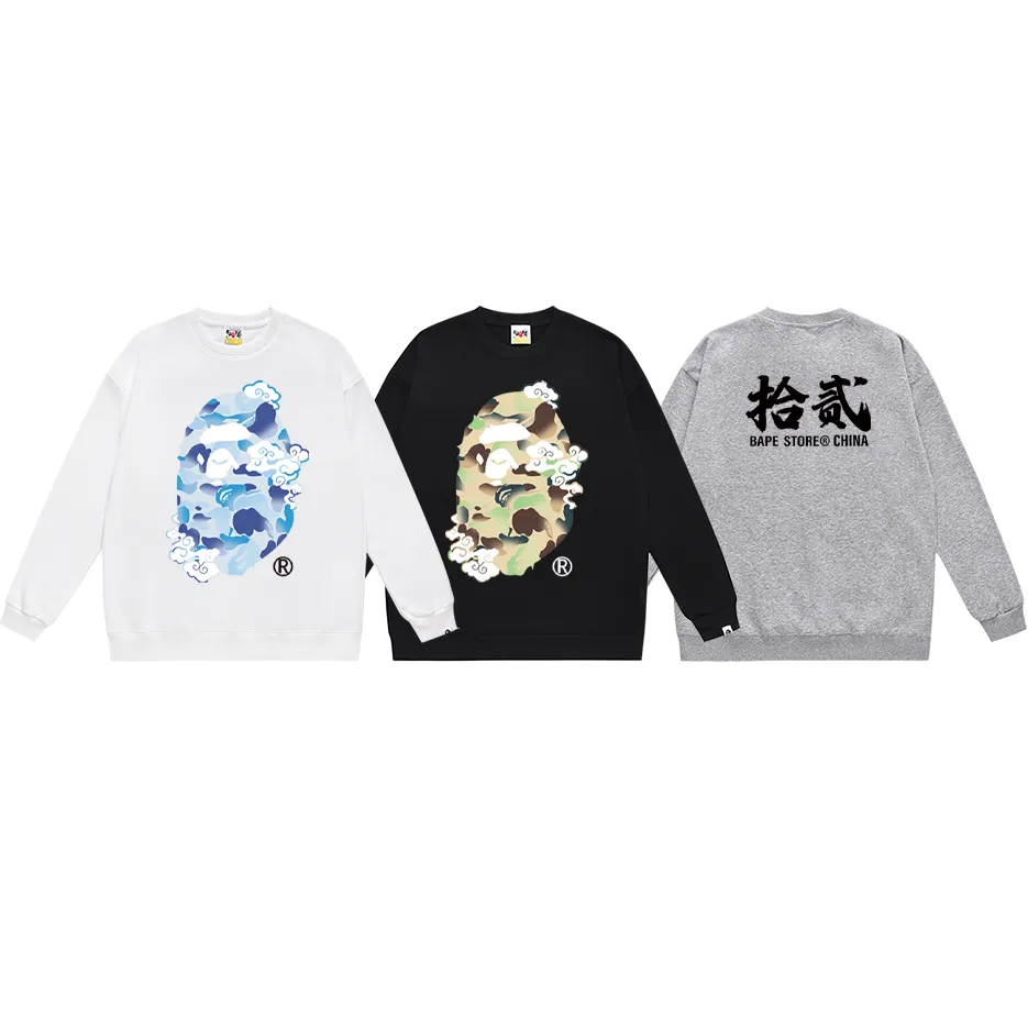 P170 model number SC311# terry 80 plus velvet 85 (top version) BAPE ape head letter printed round neck sweatshirt Made of 350g large terry (drop shoulder large version) fabric, soft and non-pilling, imported environmentally friendly printing glue, bright and three-dimensional pattern, quality 💥Same style for men and women, the upper body is fashionable Color: black white gray Size: S M L XL XXL