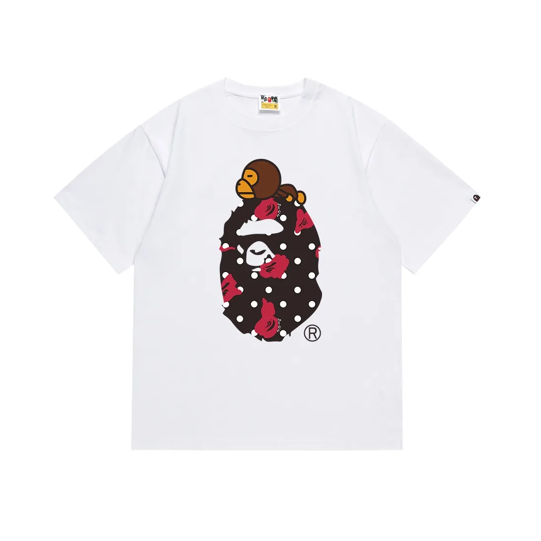 SC081#p110💰 (Top version) BAPE BABY MILO printed short-sleeved T-shirt with ape-man head polka dot pattern Made of 260 grams of high-quality high-weave pure cotton fabric, double yarn combed, soft texture and no pilling Imported environmentally friendly printing glue The pattern is bright and three-dimensional Quality💥Same style for men and women The upper body is trendy Color: black white Size: S M L XL XXL