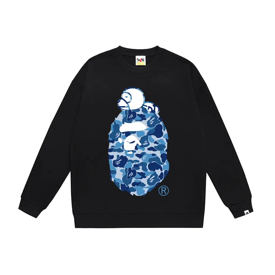 P150 model number SC446# terry 75 plus velvet 80 (top version) BAPE sleeping monkey ape head pattern loose round neck sweatshirt. Made of 350g large terry (drop shoulder large version) fabric, soft texture and no pilling. Imported environmentally friendly printing glue. Bright and three-dimensional pattern. Quality 💥Same style for men and women. The upper body is trendy. Color: black and blue, white and blue, gray and blue, black and green, white and green, gray and green, black and red, white and gray and red. Size: S M L XL XXL