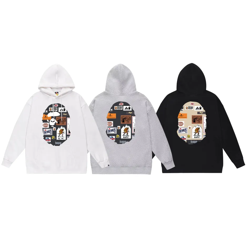 P190 model number SC607# terry 85 plus velvet 95 (top version) BAPE ape head print hooded sweatshirt Made of 380 grams of large terry (drop shoulder large version) fabric, soft texture and no pilling Imported environmentally friendly printing glue The pattern is bright and three-dimensional Quality 💥Same style for men and women The upper body is trendy Color: black white gray Size: S M L XL XXL