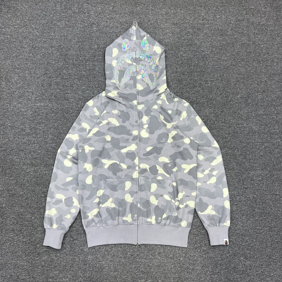 💰410 BAPE CITY CAMO SHARK HOODIE Glow-in-the-dark camouflage laser shark hooded zipper sweatshirt Machine-printed camouflage Top-quality fabric High-end 1:1 replica Customized fabric Couple style: S—XXL [Silver Gray Black]
