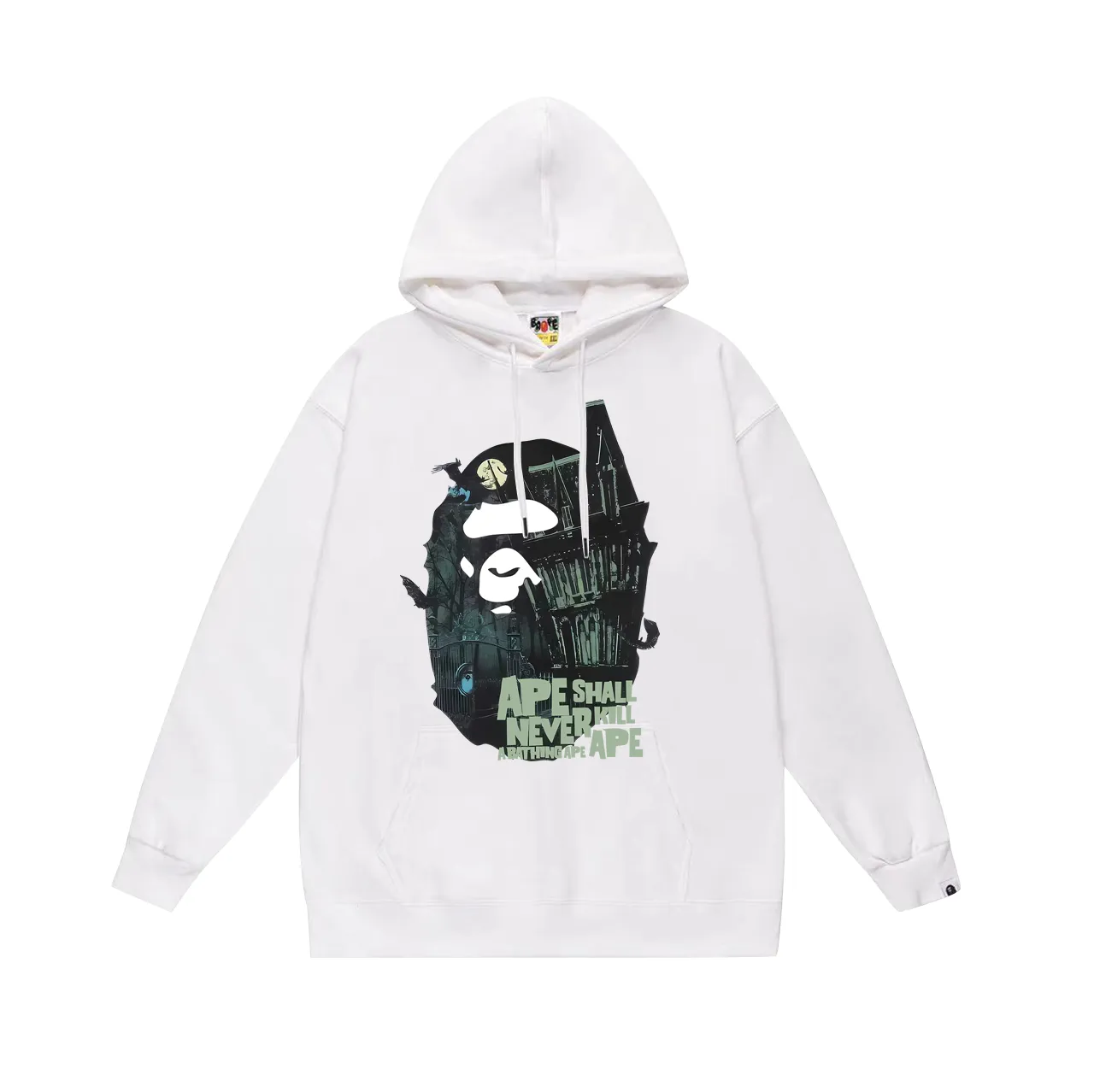 Model No. SC747# Terry p160 plus velvet 180💰 (top version) BAPE Halloween limited ape head mansion pattern hooded sweatshirt. Made of 380g large terry (drop shoulder large version) fabric. The texture is soft and non-pilling. Imported environmentally friendly printing glue. The pattern is bright and three-dimensional. Quality💥Same style for men and women. The upper body is trendy. Color: black white gray Size: S M L XL XXL