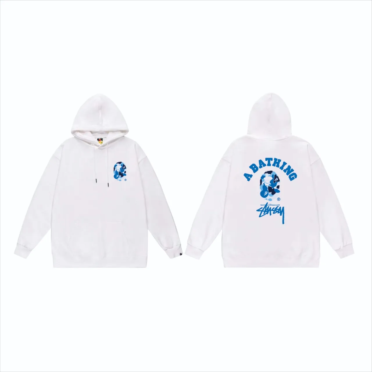 P160 model number SC811# terry 80 plus velvet 90 (top version) BAPE×STUSSY co-branded Stussy letter printed hooded sweatshirt Made of 380 grams of large terry (drop shoulder large version) fabric, soft texture and no pilling Imported environmentally friendly printing glue The pattern is bright and three-dimensional Quality 💥Same style for men and women The upper body is trendy Color: Black White Gray Size: S M L XL XXL