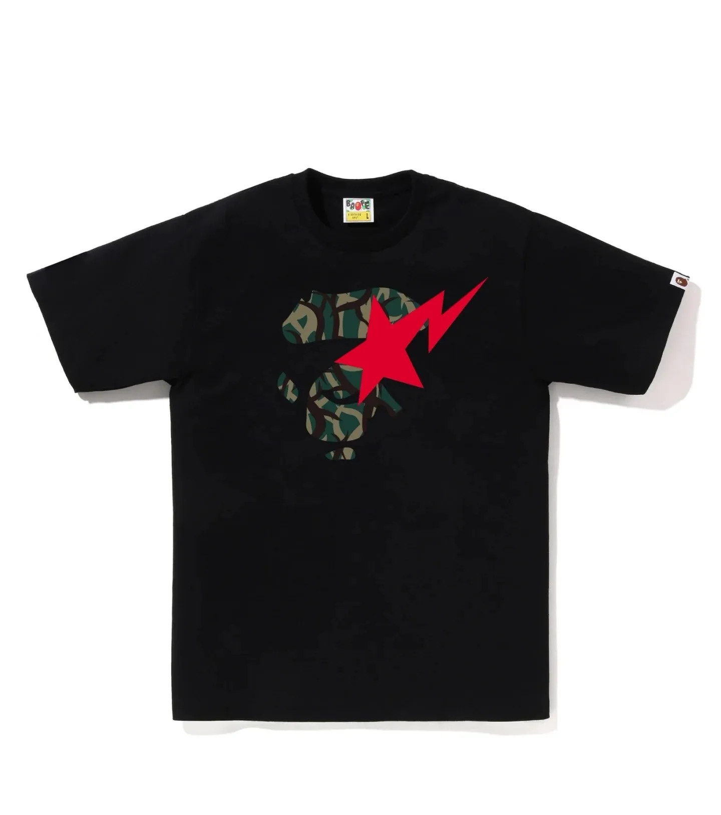 P110 001153 model BAPE SS25 star pattern letter print loose round collar collar logo short-sleeved T-shirt same style for men and women code number smlxlxxl black and yellow, black and green, white and yellow, white and green