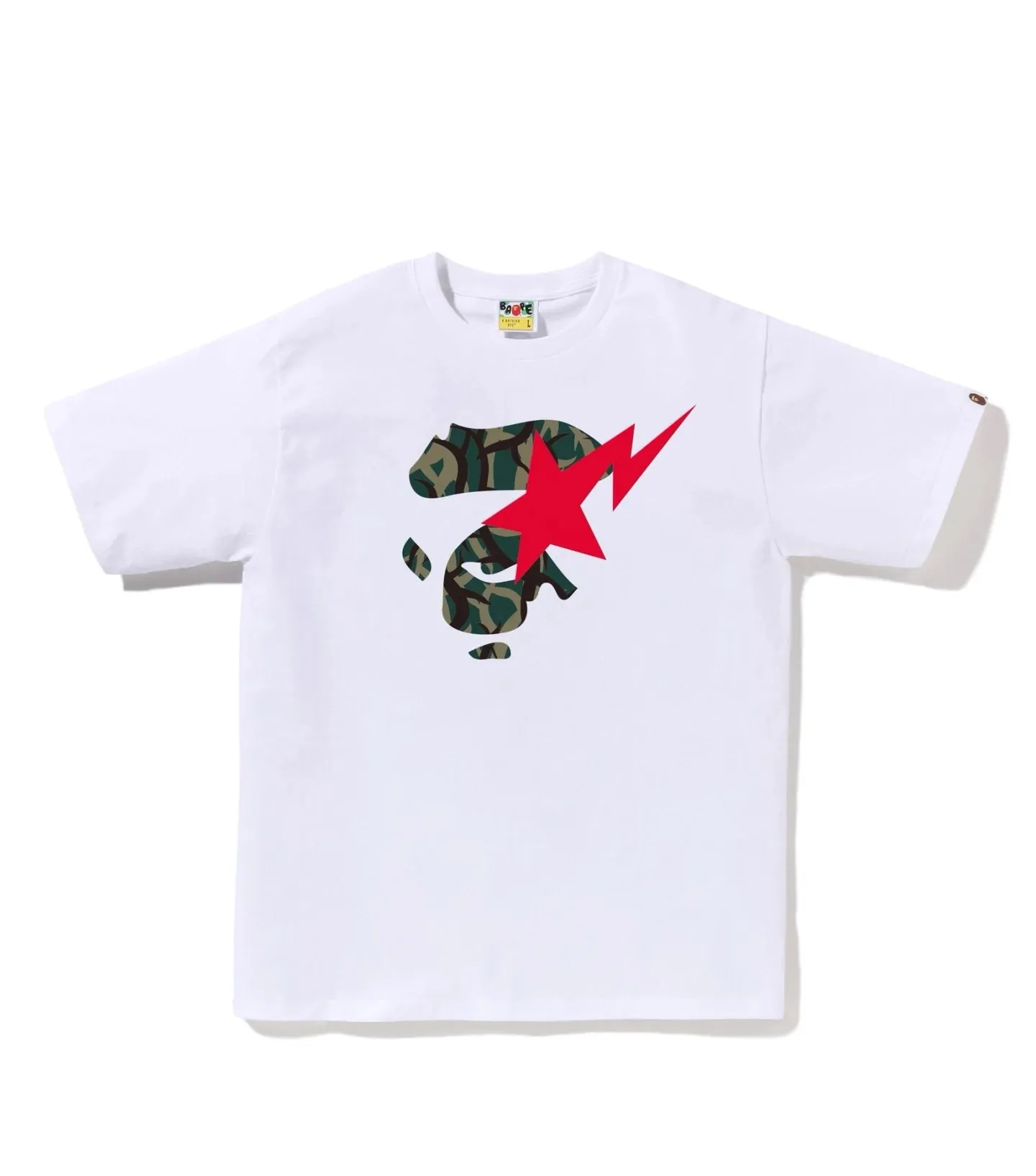 P110 001153 model BAPE SS25 star pattern letter print loose round collar collar logo short-sleeved T-shirt same style for men and women code number smlxlxxl black and yellow, black and green, white and yellow, white and green