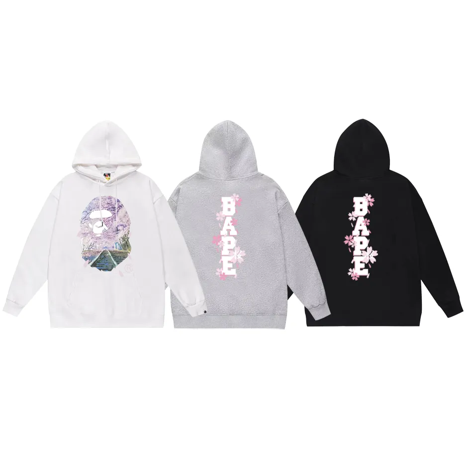 P190 model number SC603# terry 85 plus velvet 95 (top version) BAPE SAKURA ape head cherry blossom print hooded sweatshirt Made of 380g large terry (drop shoulder large version) fabric, soft and non-pilling, imported environmentally friendly printing glue, bright and three-dimensional pattern, quality 💥Same style for men and women, the upper body is fashionable Color: black white gray Size: S M L XL XXL