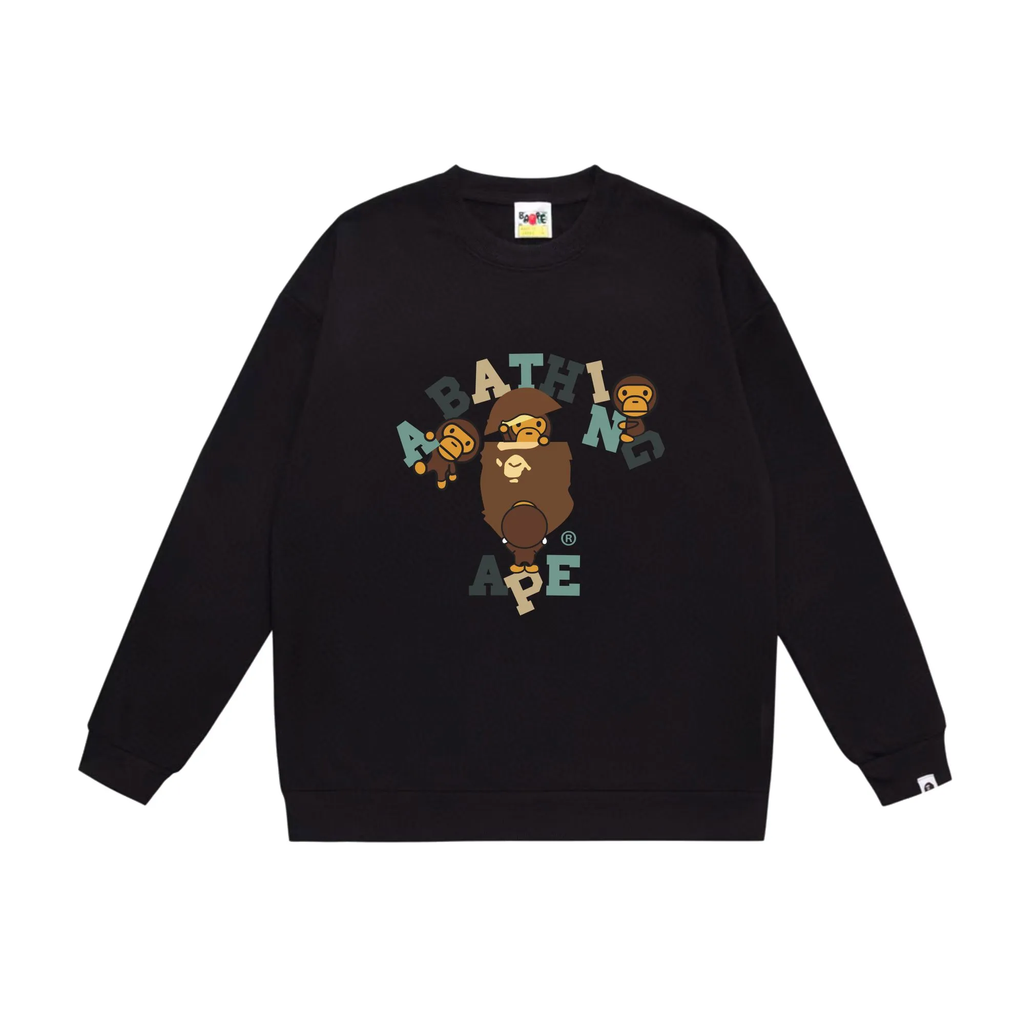 P150 model number SC538# terry 75 plus velvet 80 (top version) BAPE cartoon BABY MILO ape head letter printed round neck sweatshirt. Made of 350g large terry (drop shoulder large version) fabric. The texture is soft and non-pilling. Imported environmentally friendly printing glue. The pattern is bright and three-dimensional. Quality 💥Same style for men and women. The upper body is trendy. Color: black white gray Size: S M L XL XXL