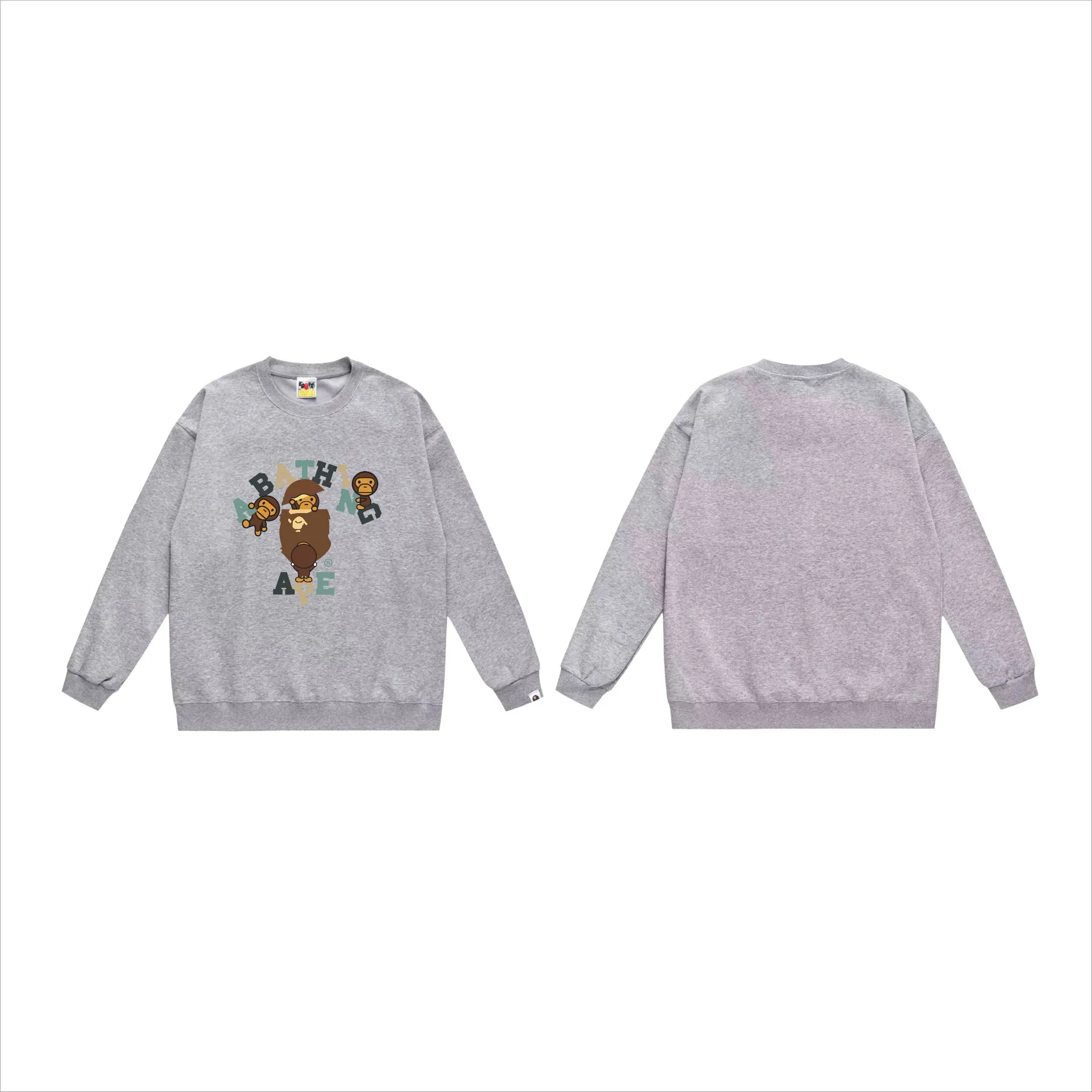 P150 model number SC538# terry 75 plus velvet 80 (top version) BAPE cartoon BABY MILO ape head letter printed round neck sweatshirt. Made of 350g large terry (drop shoulder large version) fabric. The texture is soft and non-pilling. Imported environmentally friendly printing glue. The pattern is bright and three-dimensional. Quality 💥Same style for men and women. The upper body is trendy. Color: black white gray Size: S M L XL XXL