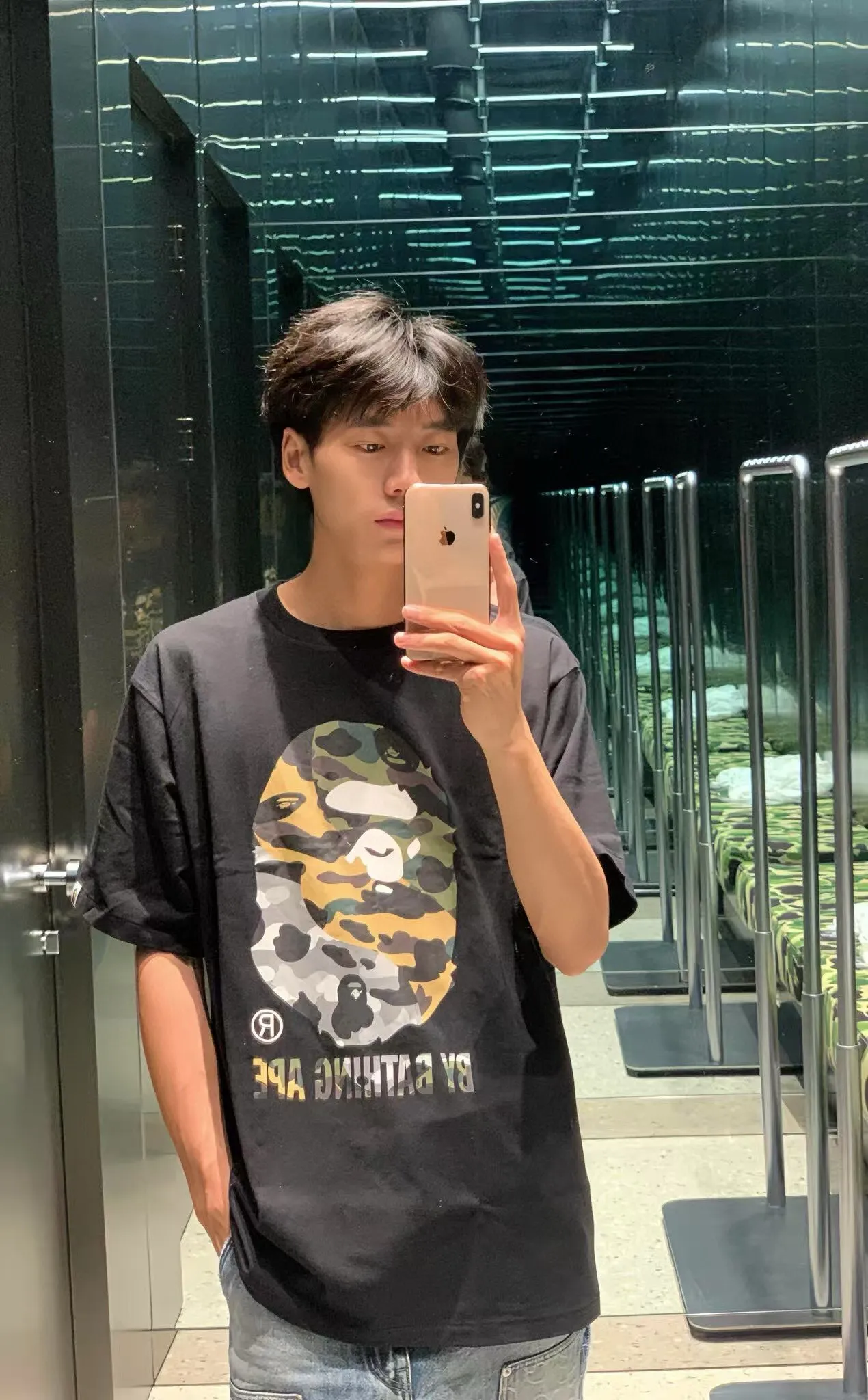 💰140 BAPE SS25 1ST CAMO series mixed color ape print round neck short sleeves 280g weight linen cotton fabric Couple style: S-XXL [black white]