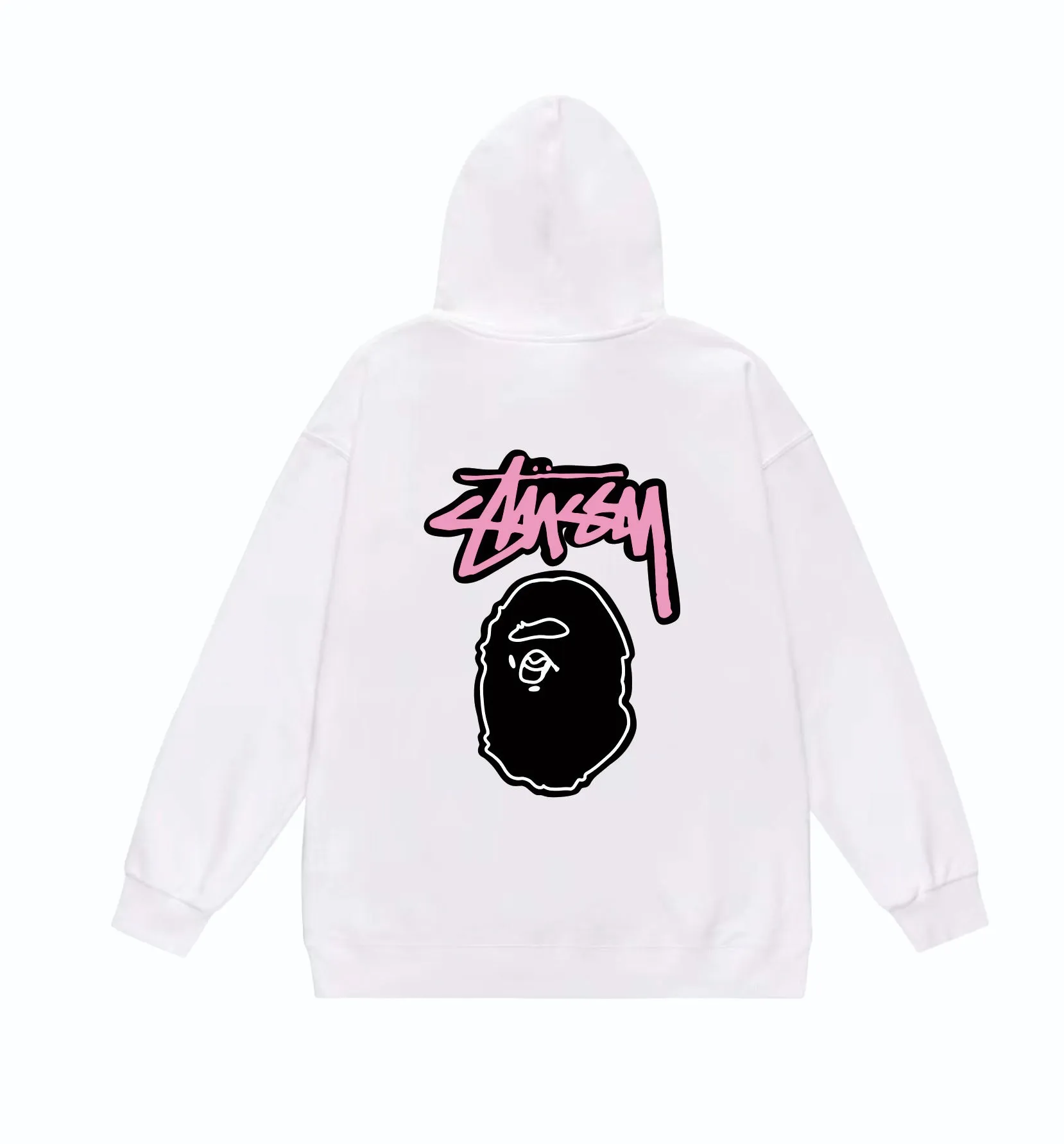 P160 model number SC806# terry 80 plus velvet 90 (top version) BAPE×STUSSY co-branded Stussy letter printed hooded sweatshirt Made of 380g large terry (drop shoulder large version) fabric, soft texture and no pilling Imported environmentally friendly printing glue The pattern is bright and three-dimensional Quality 💥Same style for men and women The upper body is trendy Color: black white gray Size: S M L XL XXL