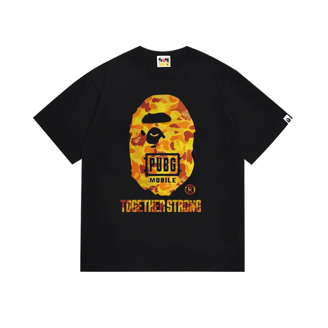 SC172#p110💰 (Top version) BAPE Peace Elite chicken joint orange camouflage great ape head short-sleeved T-shirt. Made of 260 grams of high-quality high-weave pure cotton fabric. Double yarn combed, soft texture and no pilling. Imported environmentally friendly printing glue. Bright and three-dimensional pattern. Quality💥Same style for men and women. The upper body is trendy. Color: black white. Size: S M L XL XXL
