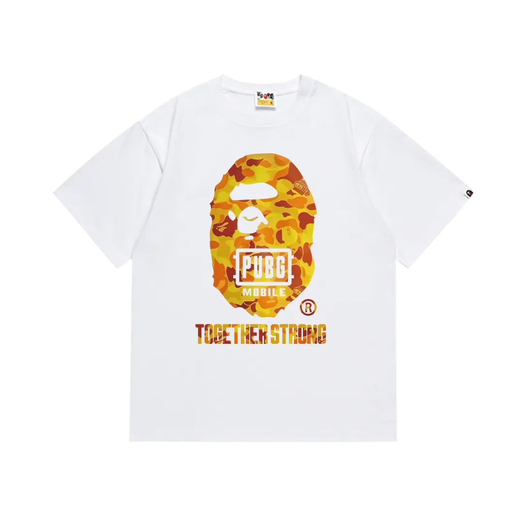 SC172#p110💰 (Top version) BAPE Peace Elite chicken joint orange camouflage great ape head short-sleeved T-shirt. Made of 260 grams of high-quality high-weave pure cotton fabric. Double yarn combed, soft texture and no pilling. Imported environmentally friendly printing glue. Bright and three-dimensional pattern. Quality💥Same style for men and women. The upper body is trendy. Color: black white. Size: S M L XL XXL
