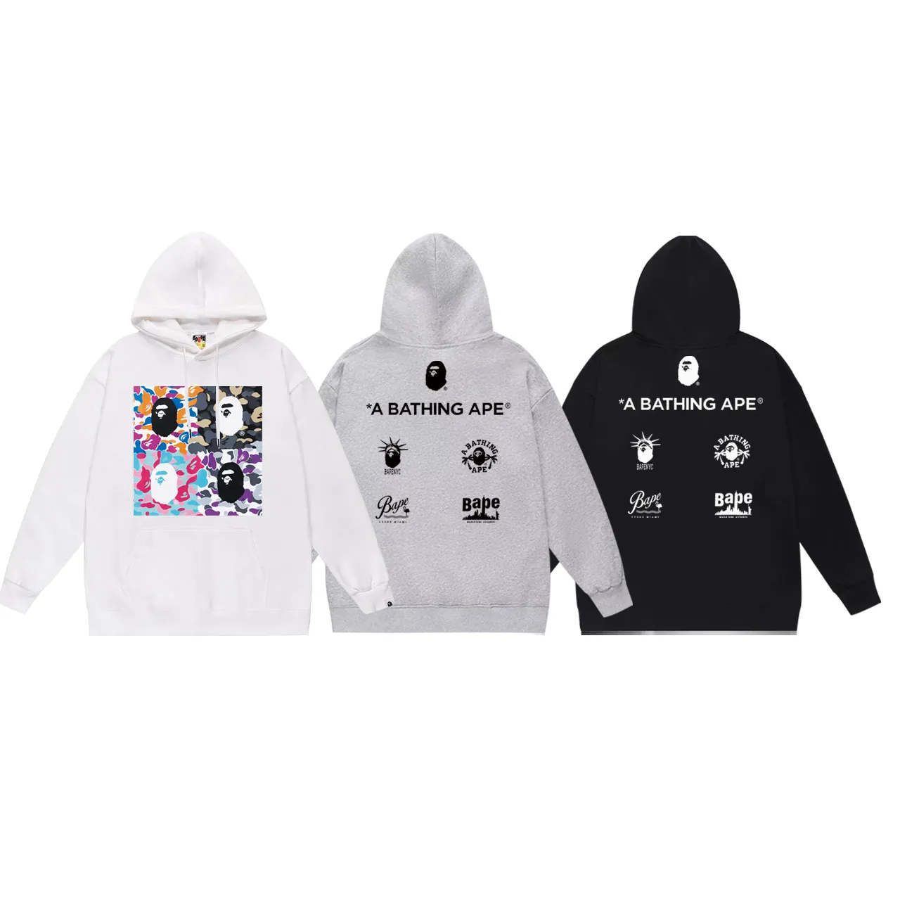 Model No. SC741# Terry p160 plus velvet 180💰 (top version) BAPE ape head letter printed hooded sweatshirt Made of 380g large terry (drop shoulder large version) fabric, soft and non-pilling, imported environmentally friendly printing glue, bright and three-dimensional pattern, quality 💥Same style for men and women. The upper body is trendy. Color: black white gray Size: S M L XL XXL