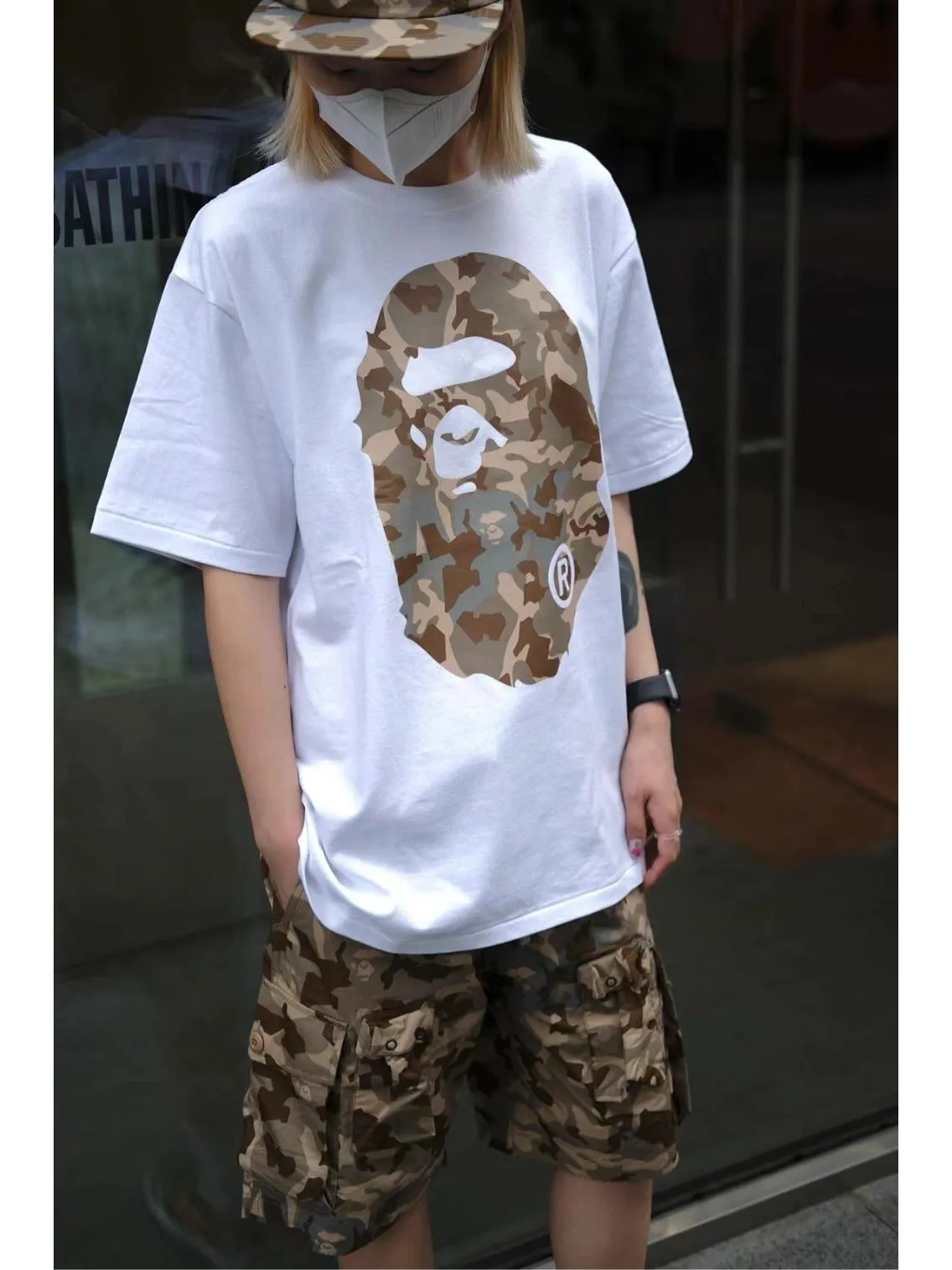 💰140 BAPE letter desert camouflage ape head double-sided printed short-sleeved T-shirt 280g weight linen cotton fabric Couple style: S-XXL [black apricot, white apricot, black blue, white blue]