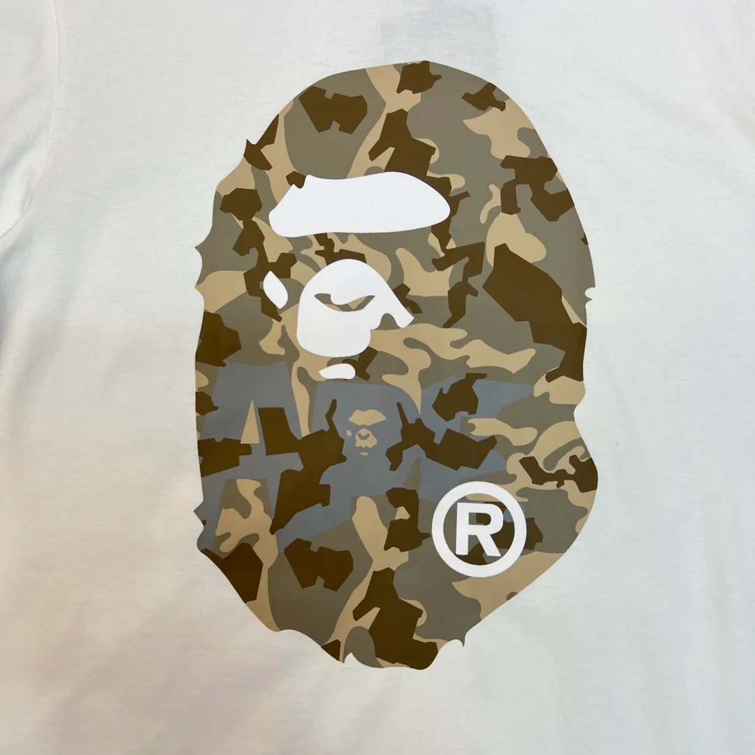 💰140 BAPE letter desert camouflage ape head double-sided printed short-sleeved T-shirt 280g weight linen cotton fabric Couple style: S-XXL [black apricot, white apricot, black blue, white blue]