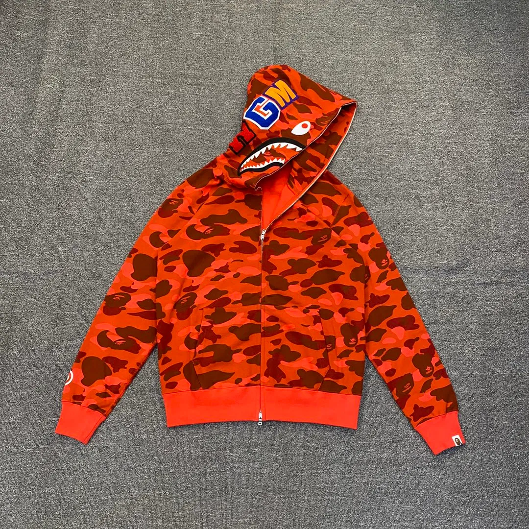 💰380 BAPE 1ST CAMO SHARK FULL Classic counter model Camouflage shark hooded zipper sweatshirt Machine-printed camouflage Top-quality fabric High-end 1:1 replica Customized fabric Couple model: S—XXL [Camouflage yellow, Camouflage green, Camouflage red, Camouflage purple, Camouflage blue, Camouflage gray]