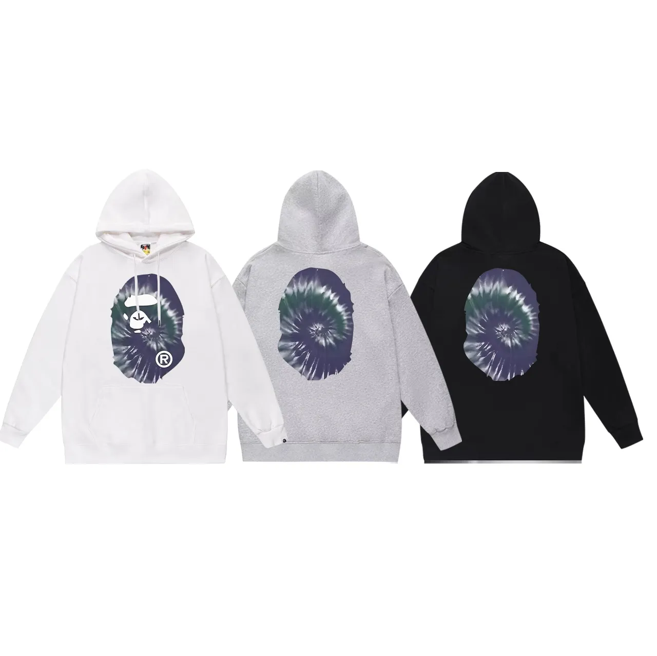 Model No. SC707#terry p160 plus velvet 180💰 (top version) BAPE autumn and winter tie-dyed ape head print round neck sweatshirt. Made of 350g large terry (drop shoulder large version) fabric. The texture is soft and non-pilling. Imported environmentally friendly printing glue. The pattern is bright and three-dimensional. Quality💥Same style for men and women. The upper body is trendy. Color: black white gray Size: S M L XL XXL