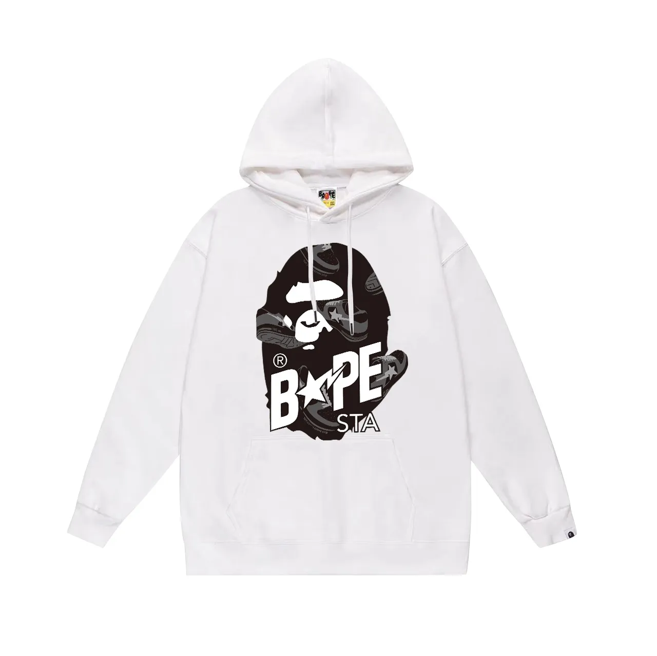 Model No. SC710# Terry p160 plus velvet 180💰 (top version) BAPE ape head letter printed STA casual shoe pattern hooded sweatshirt. Made of 380g large terry (drop shoulder large version) fabric. The texture is soft and non-pilling. Imported environmentally friendly printing glue. The pattern is bright and three-dimensional. Quality💥Same style for men and women. The upper body is trendy. Color: black white gray Size: S M L XL XXL