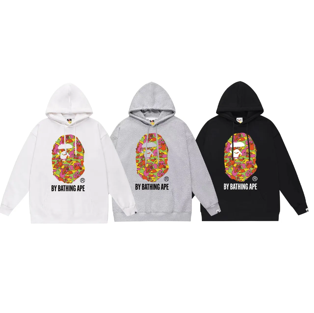 Model No. SC683# terry p160 plus velvet p180💰 (top version) BAPE flower camouflage ape head letter printed hooded sweatshirt. Made of 380g large terry 430g silver fox velvet (drop shoulder large version) fabric. The texture is soft and non-pilling. Imported environmentally friendly printing glue. The pattern is bright and three-dimensional. Quality💥Same style for men and women. The upper body is trendy. Color: black white gray Size: S M L XL XXL