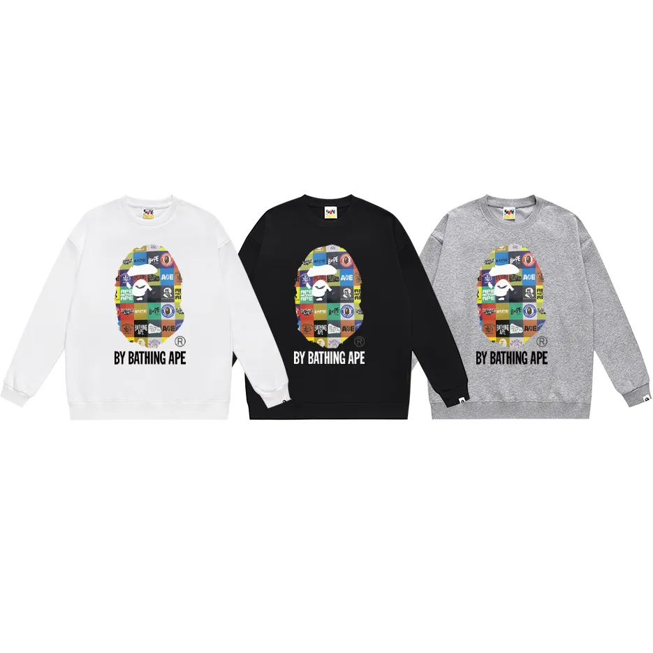P170 model number SC306# terry 80 plus velvet 85 (top version) BAPE ape head cartoon icon printed round neck sweatshirt. Made of 350g large terry (drop shoulder large version) fabric. The texture is soft and non-pilling. Imported environmentally friendly printing glue. The pattern is bright and three-dimensional. Quality 💥Same style for men and women. The upper body is trendy. Color: black white gray Size: S M L XL XXL