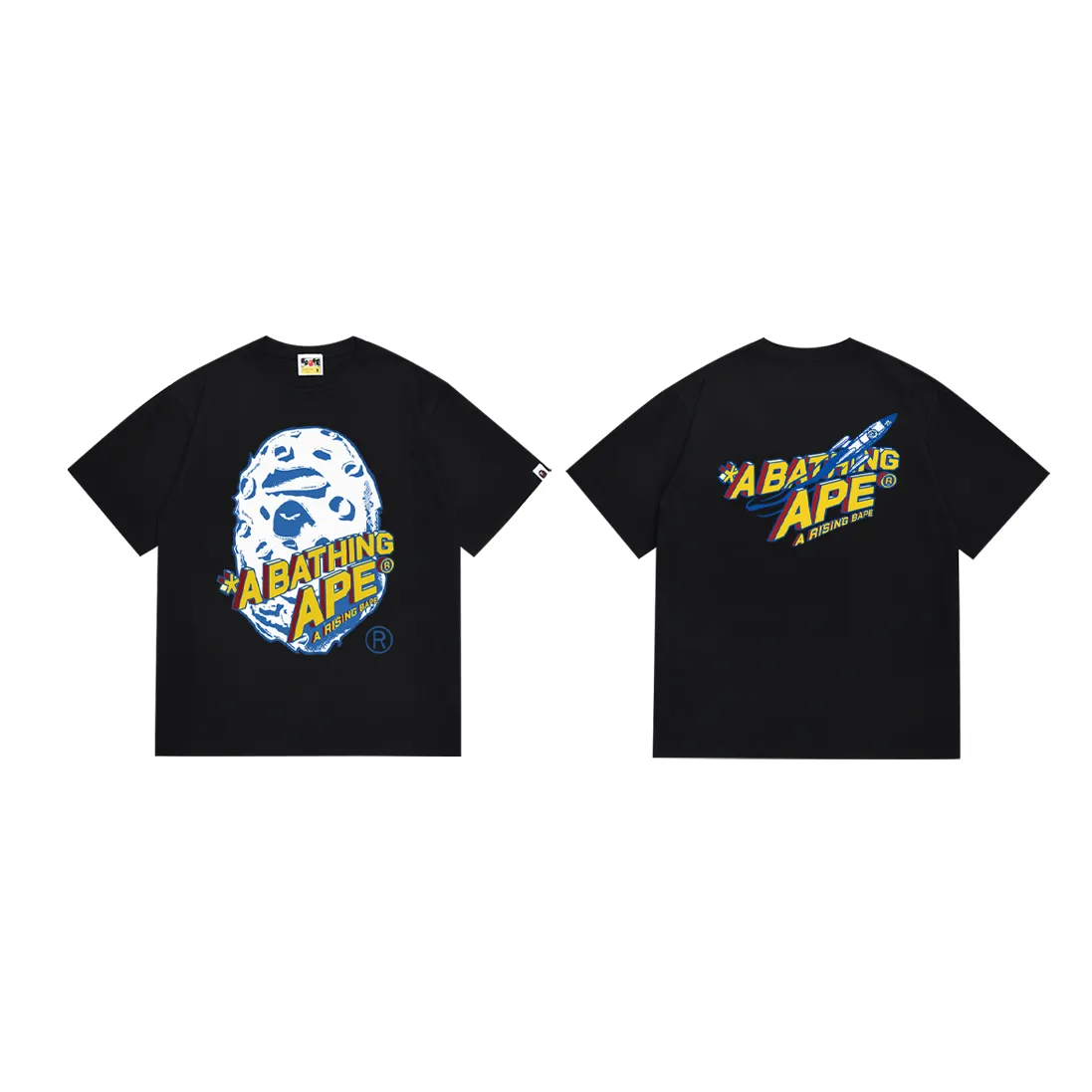 SC184#p110💰 (Top version) BAPE Lunar Ape Head Rocket Letter comic style printed T-shirt Made of 260 grams of high-quality high-weave pure cotton fabric, double yarn combed, soft texture without pilling, imported environmentally friendly printing glue, bright and three-dimensional pattern, quality 💥Same style for men and women, the upper body is fashionable Color: Black White Size: S M L XL XXL