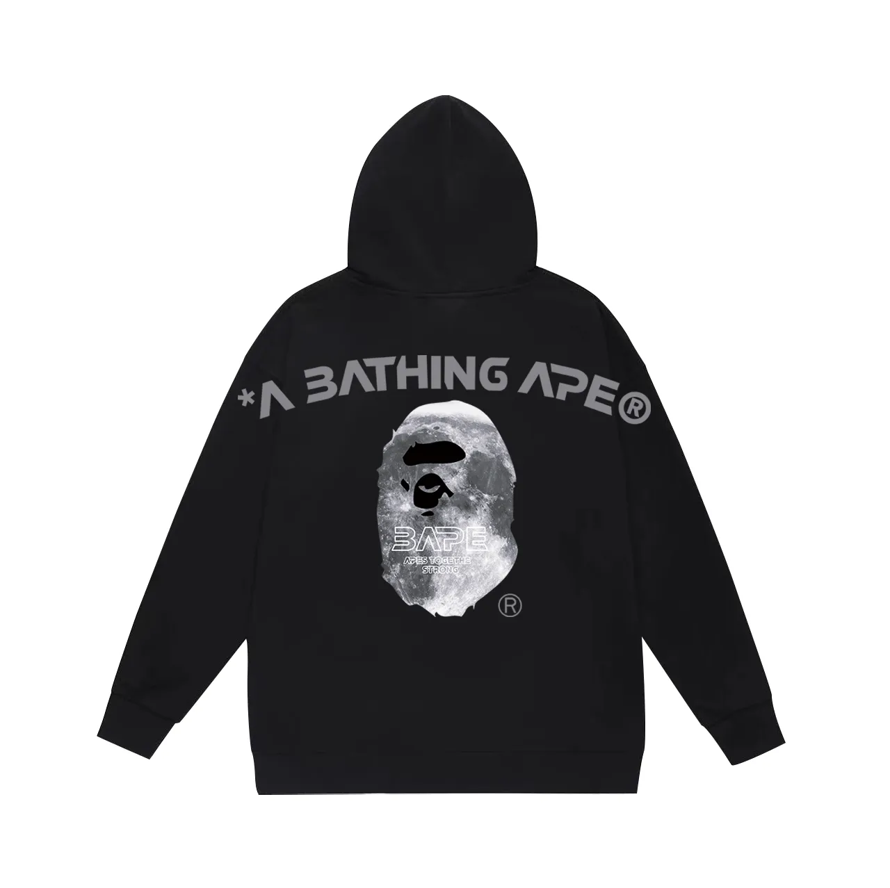 P160 model number SC779# terry 80 plus velvet 90 (top version) BAPE Ape Moon Letter Printed Hooded Sweatshirt Made of 380g large terry (drop shoulder large version) fabric, soft and non-pilling, imported environmentally friendly printing glue, bright and three-dimensional pattern, quality 💥Same style for men and women, the upper body is fashionable Color: Black White Gray Size: S M L XL XXL