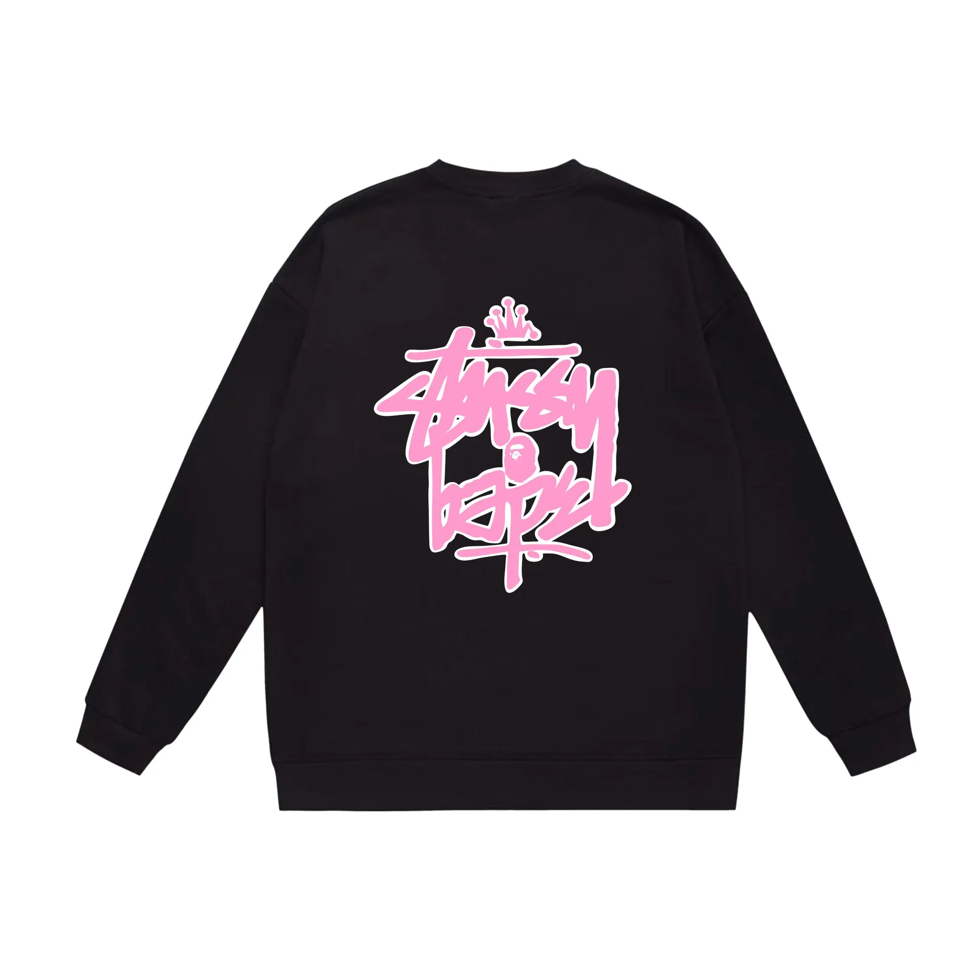 P150 model number SC509# terry 75 plus velvet 80 (top version) BAPE×STUSSY co-branded Stussy letter round neck sweatshirt Made of 350 grams of large terry (drop shoulder large version) fabric, soft texture and no pilling Imported environmentally friendly printing glue The pattern is bright and three-dimensional Quality 💥Same style for men and women The upper body is fashionable Color: black white gray Size: S M L XL XXL