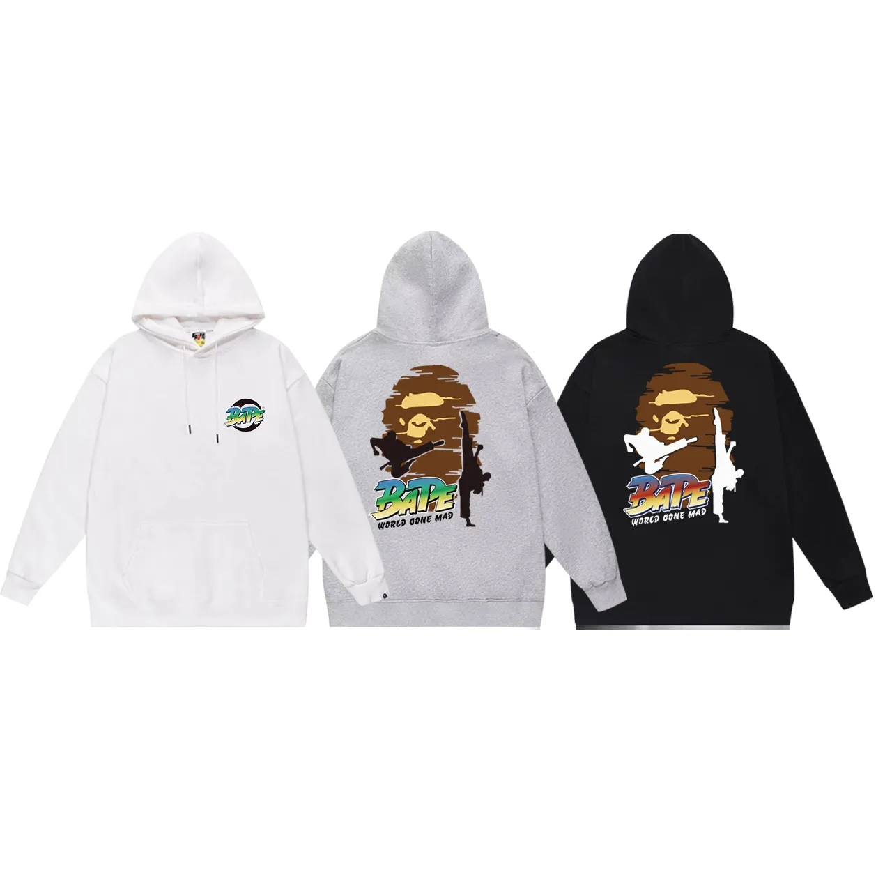 Model No. SC677#terry p160 plus velvet p180💰 (top version) BAPE Japanese karate printed hooded sweatshirt made of 380g large terry 430g silver fox velvet (drop shoulder large version) fabric, soft texture and no pilling, imported environmentally friendly printing glue, bright and three-dimensional pattern, quality 💥Same style for men and women, the upper body is trendy Color: black white gray Size: S M L XL XXL