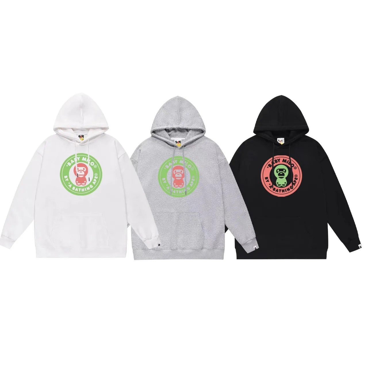 Model No. SC680#terry p160 plus velvet p180💰 (top version) BAPE cartoon BABY MILO medallion letter printed hooded sweatshirt. Made of 380g large terry 430g silver fox velvet (drop shoulder large version) fabric. The texture is soft and non-pilling. Imported environmentally friendly printing glue. The pattern is bright and three-dimensional. Quality💥Same style for men and women. The upper body is trendy. Color: black white gray Size: S M L XL XXL