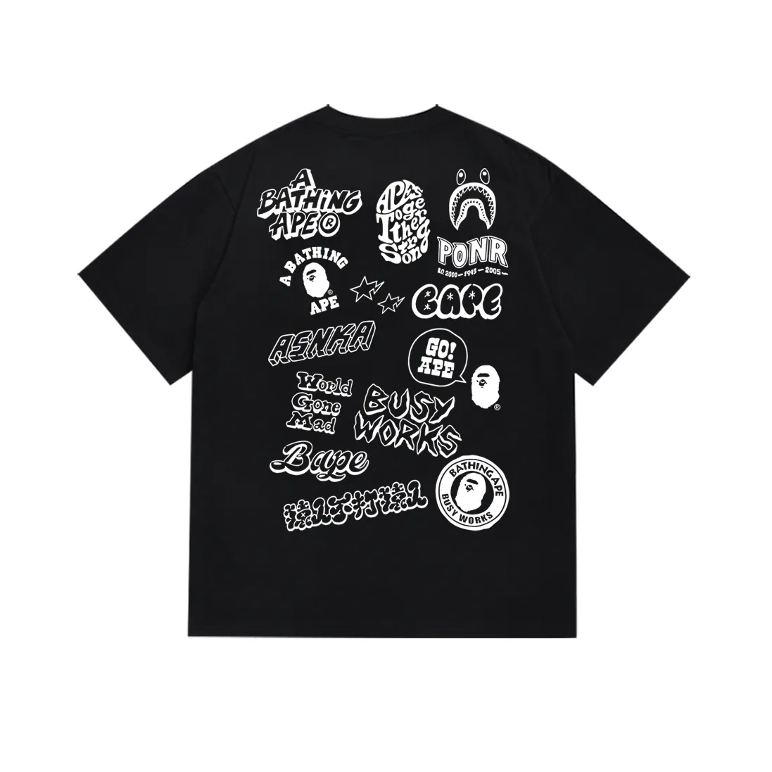 P110 SC055# (top version) BAPE ape-letter printed short-sleeved T-shirt with great ape-letter graffiti logo on the back. Made of 260 grams of high-quality high-weave pure cotton fabric. Double yarn combed. Soft texture and no pilling. Imported environmentally friendly printing glue. Bright and three-dimensional pattern. Quality💥Same style for men and women. The upper body is trendy. Color: black and white. Size: S M L XL XXL