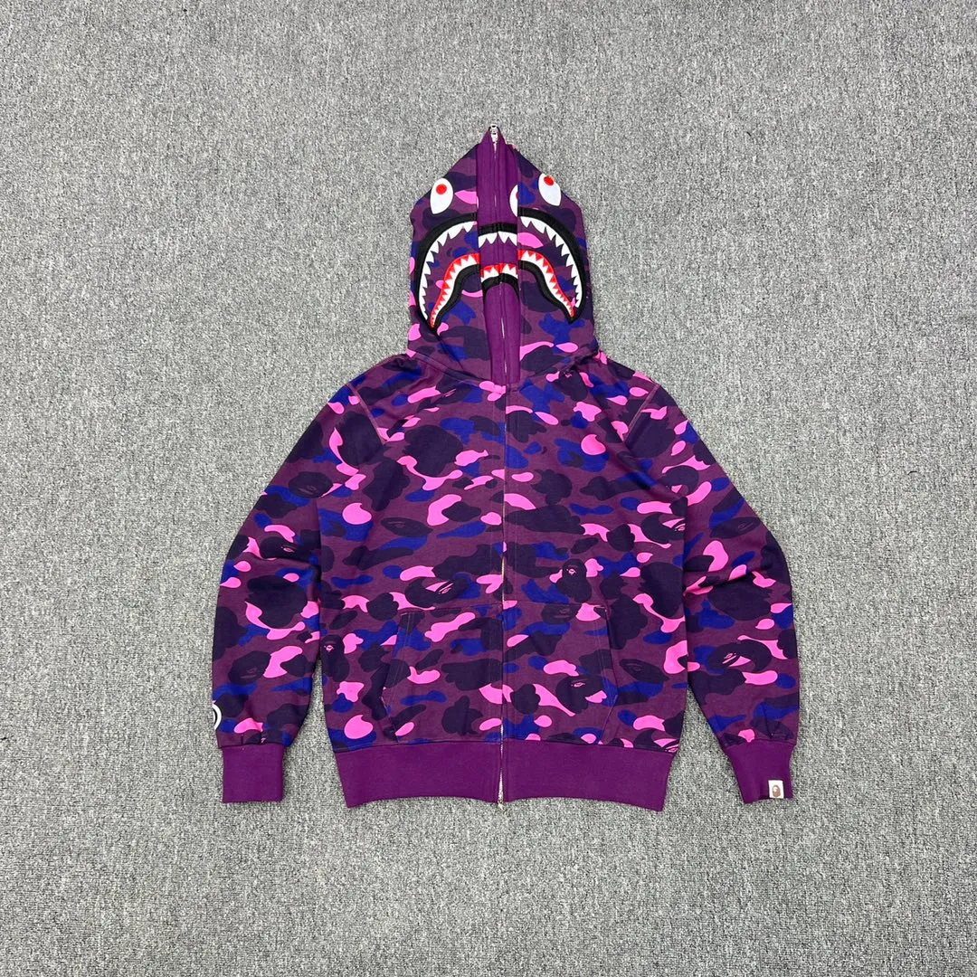 💰440 Bape double hood camouflage shark, customized fabric 1:1, fine workmanship, high quality version, couple model: S—XXL [blue, purple, red]
