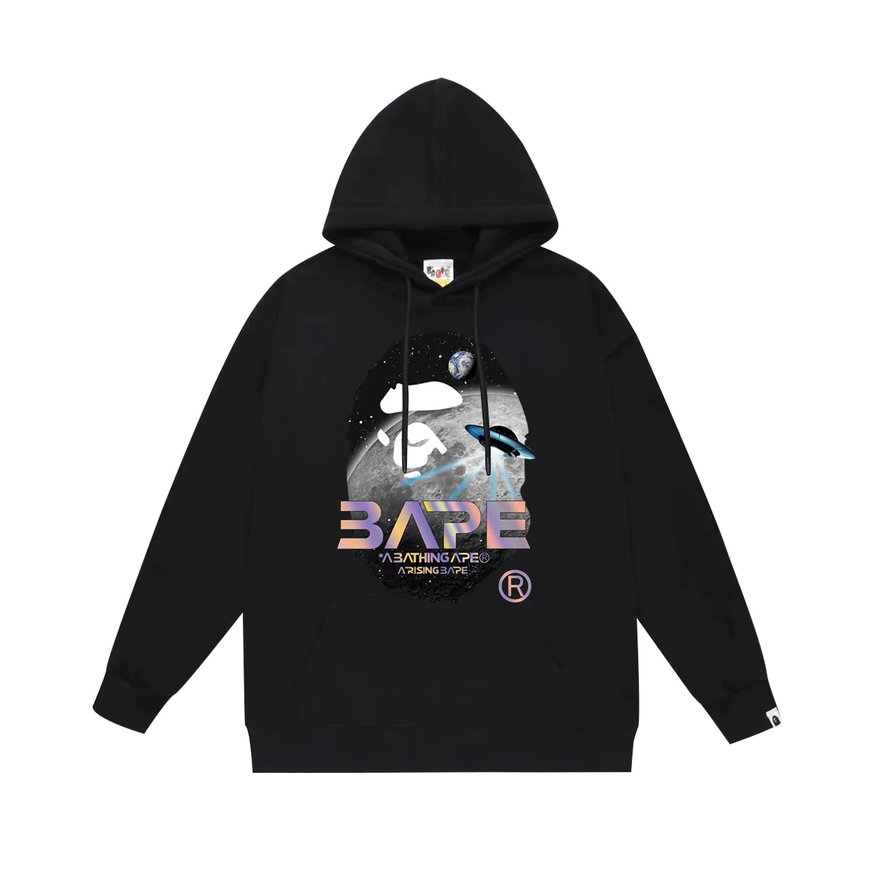 Model number SC758# Terry p160 plus velvet 180💰 (top version) BAPE Mid-Autumn Moon Autumn Scenery Ape Head UFO Laser Letters Hooded Sweater Made of 380g large terry (drop shoulder large version) fabric, soft texture and no pilling Imported environmentally friendly printing glue The pattern is bright and three-dimensional Quality💥Same style for men and women The upper body is trendy Color: Black White Gray Size: S M L XL XXL