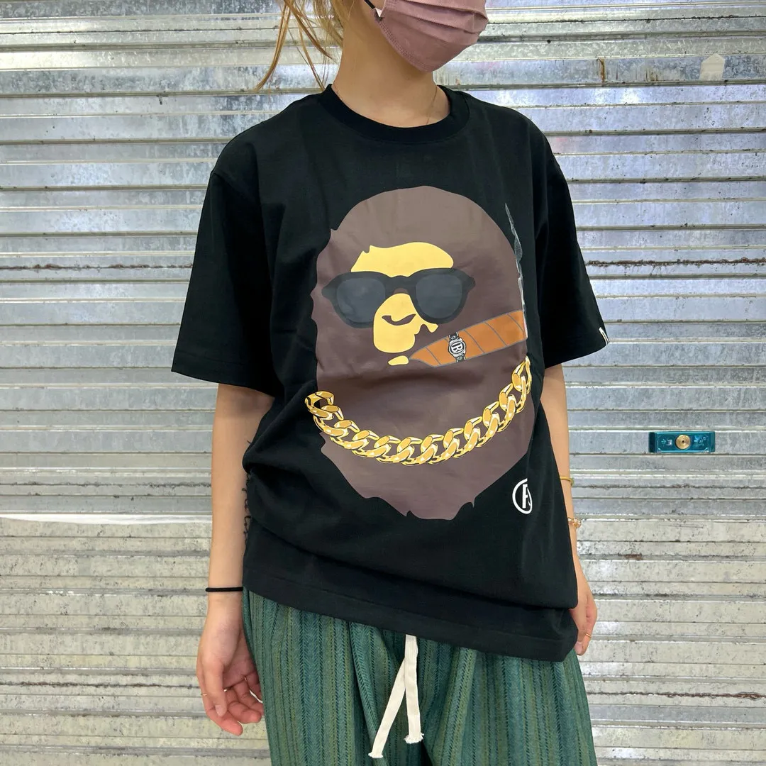 💰140 Bape Ape Head Smoking Print Los Angeles Limited Linen Cotton 280g Customized Fabric Couple Style: S—XXL [Black White]