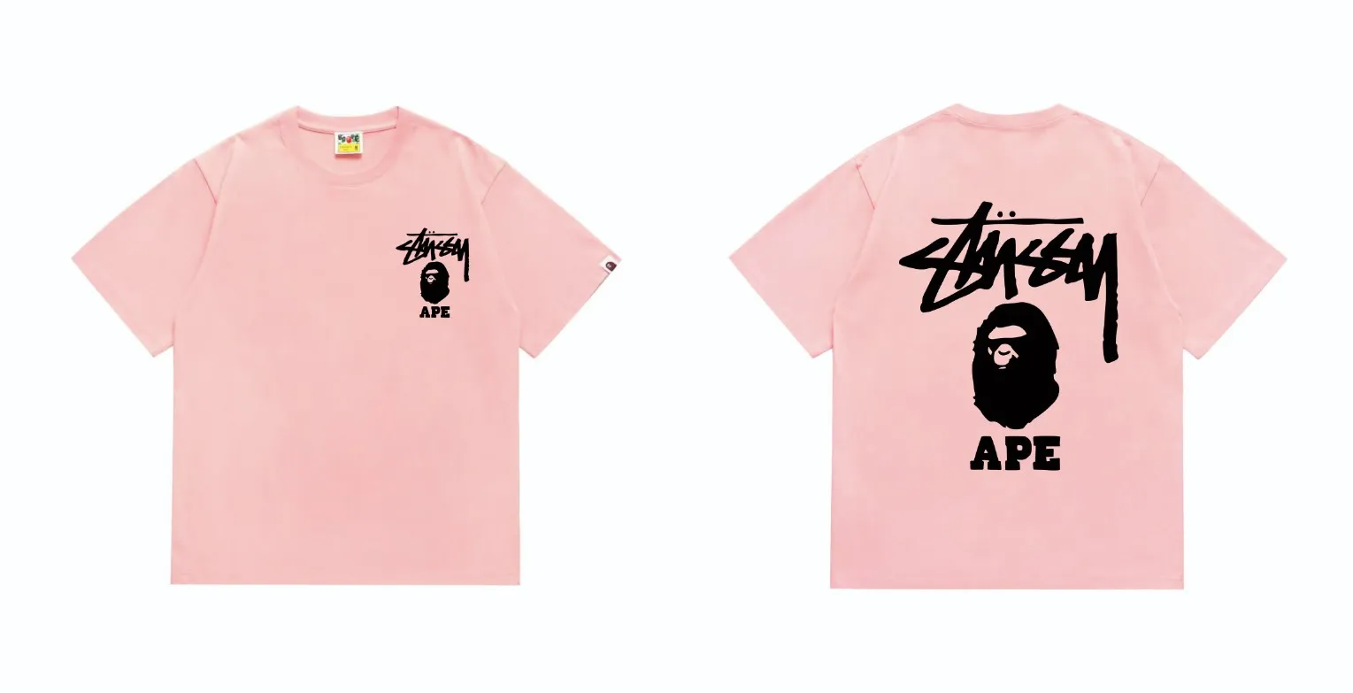 SC202#p110💰 (top version) BAPE×Stussy co-branded Stussy letter ape print T-shirt Made of 260 grams of high-quality high-weave pure cotton fabric, double yarn combed, soft texture without pilling, imported environmentally friendly printing glue, bright and three-dimensional pattern, quality 💥Same style for men and women, the upper body is fashionable Color: black pink white pink gray pink pink pink red pink black and white gray and white pink and white red and white white and black Gray and black Pink and black Red and black Size: S M L XL XXL