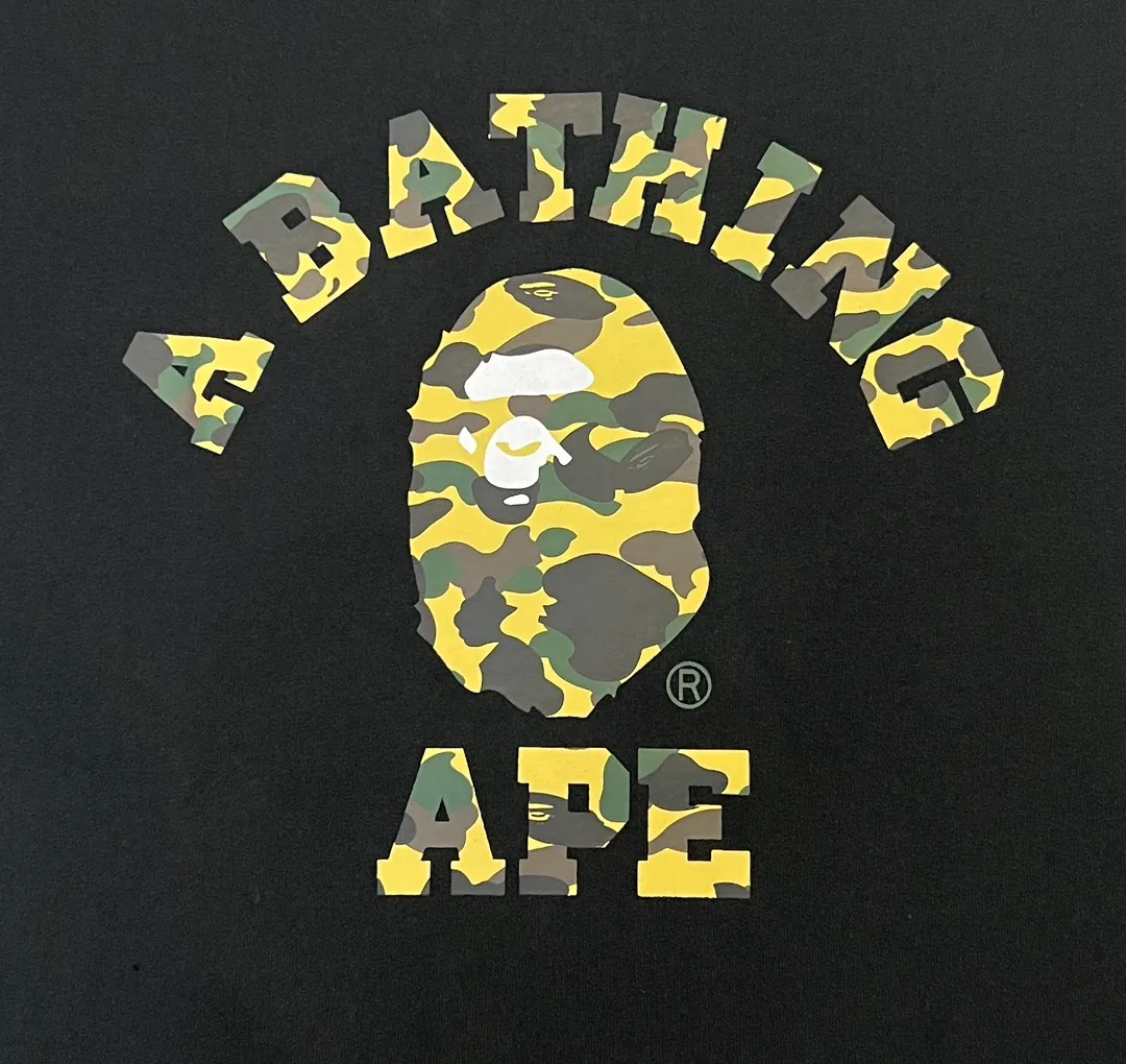 💰140 BAPE classic ape head letter camouflage print ZP version 280g weight linen cotton fabric Couple style: S-XXL [black and yellow, white and yellow, black and green, white and green]
