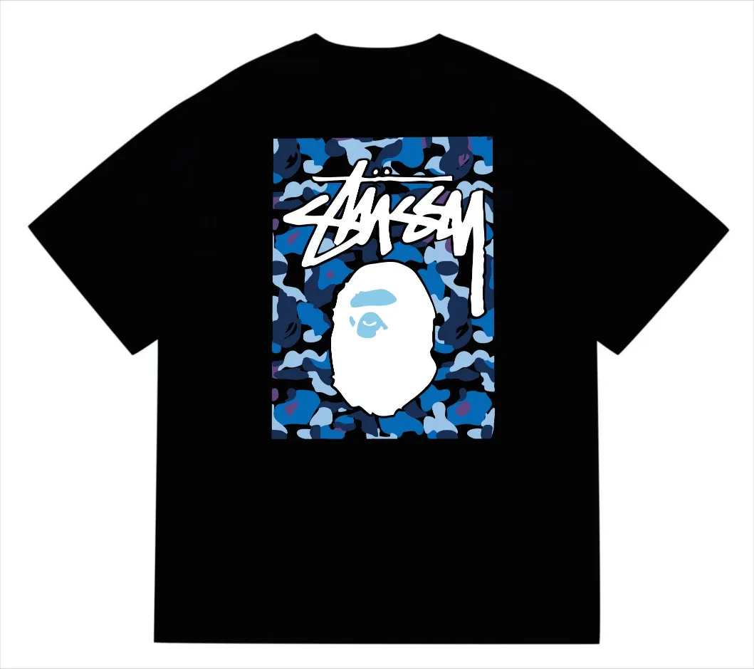 SC203#p110💰 (Top version) BAPE×Stussy co-branded Stussy letter ape print T-shirt Made of 260 grams of high-quality high-weave pure cotton fabric, double yarn combed, soft texture without pilling, imported environmentally friendly printing glue, bright and three-dimensional pattern, quality 💥Same style for men and women, the upper body is fashionable Color: black, blue and white, white, blue and white, pink, blue and white, gray, blue and white, red, blue and white, black, blue and black, white, blue and black Pink blue black Gray blue black Red blue black Size: S M L XL XXL