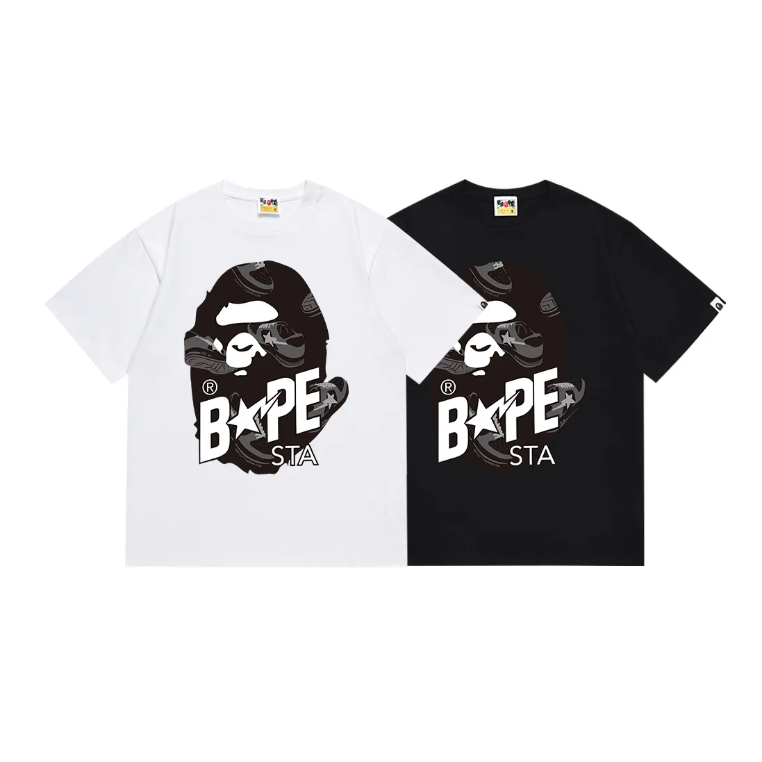 SC110#p110💰 (top version) BAPE ape head letter print STA casual shoe pattern short-sleeved T-shirt Made of 260 grams of high-quality high-weave pure cotton fabric, double yarn combed, soft texture and no pilling Imported environmentally friendly printing glue, bright and three-dimensional pattern, quality 💥Same style for men and women, the upper body is fashionable Color: black white Size: S M L XL XXL