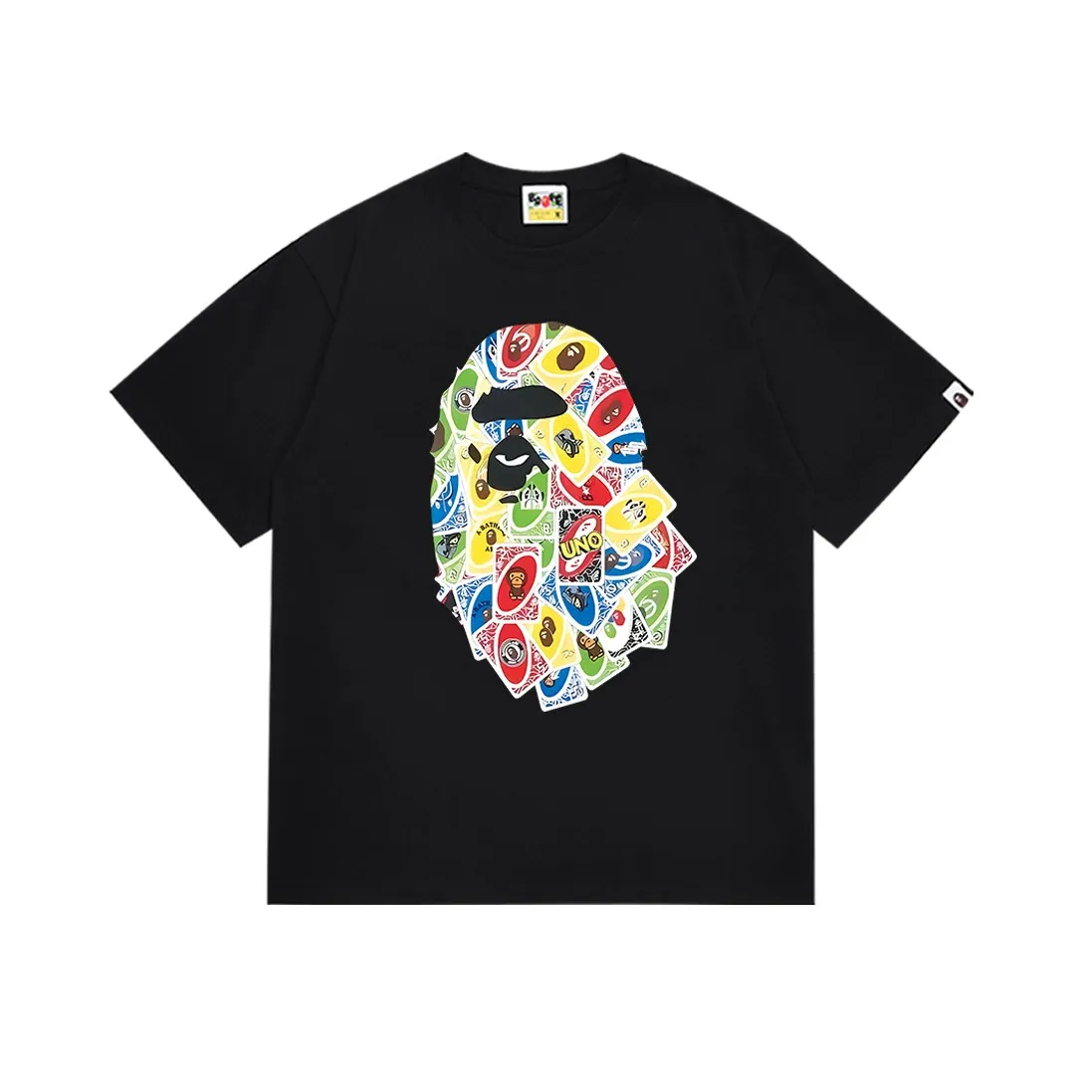 P110 SC005# BAPE Colorful Ape Head Playing Card Print Men's and Women's Pure Cotton Loose Short-Sleeved T-shirt Japanese Trendy Brand Made of 260 grams of high-quality high-weave pure cotton fabric, double yarn combed, soft texture and no pilling Imported environmentally friendly printing glue The pattern is bright and three-dimensional Quality 💥Same style for men and women The upper body is trendy Color: Black White Size: S M L XL XXL