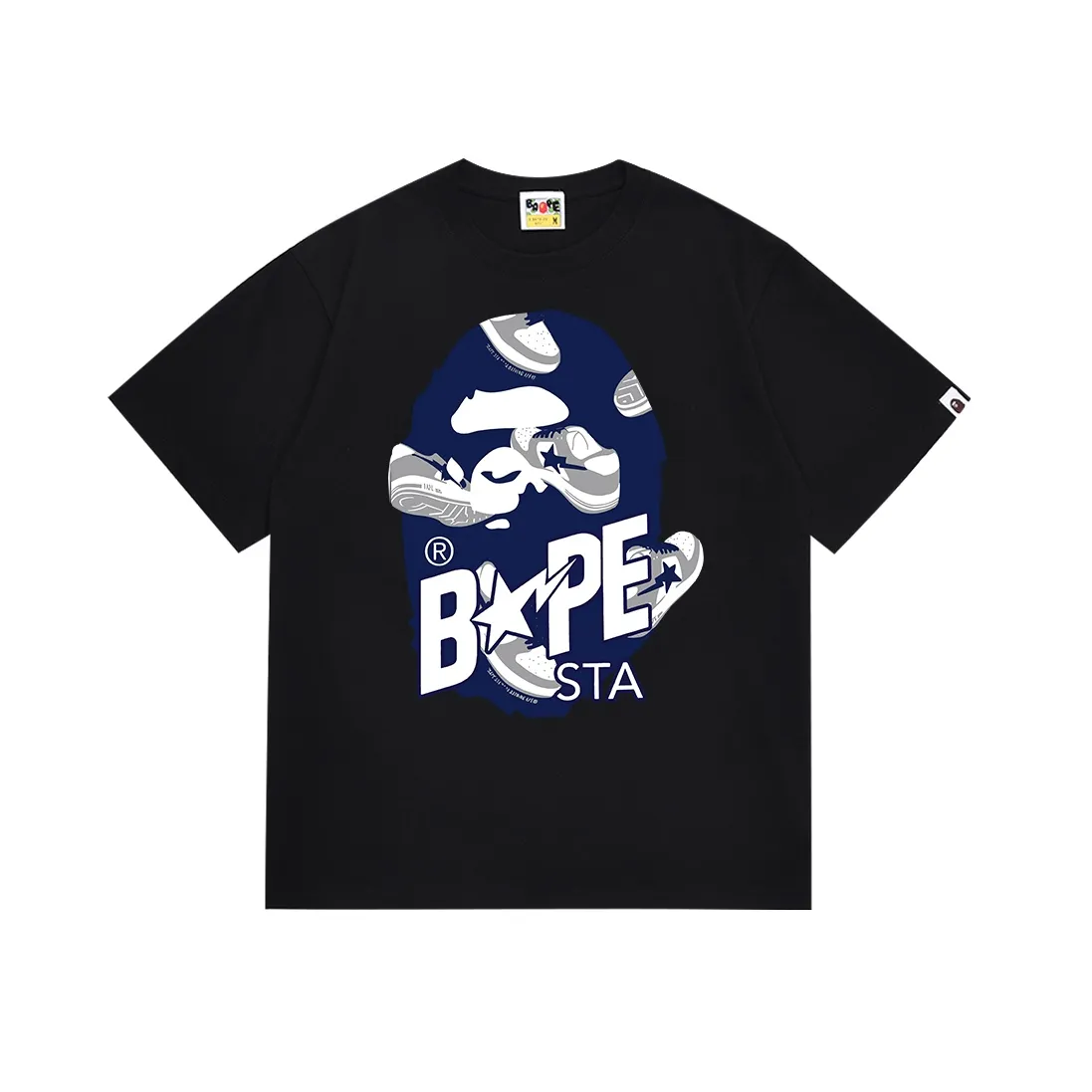 SC111#p110💰 (top version) BAPE ape head letter print STA casual shoe pattern short-sleeved T-shirt Made of 260 grams of high-quality high-woven pure cotton fabric, double yarn combed, soft texture and no pilling Imported environmentally friendly printing glue, bright and three-dimensional pattern, quality 💥Same style for men and women, the upper body is fashionable Color: black white Size: S M L XL XXL
