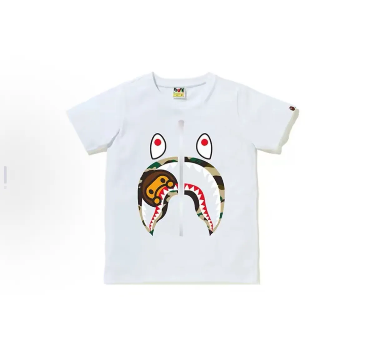 P110 00159 BAPE SS22 camouflage shark cartoon BABY MILO printed round neck short-sleeved T-shirt, same style for men and women, size smlxlxxl, black and yellow camouflage, black and green camouflage, white and yellow camouflage, white and green camouflage