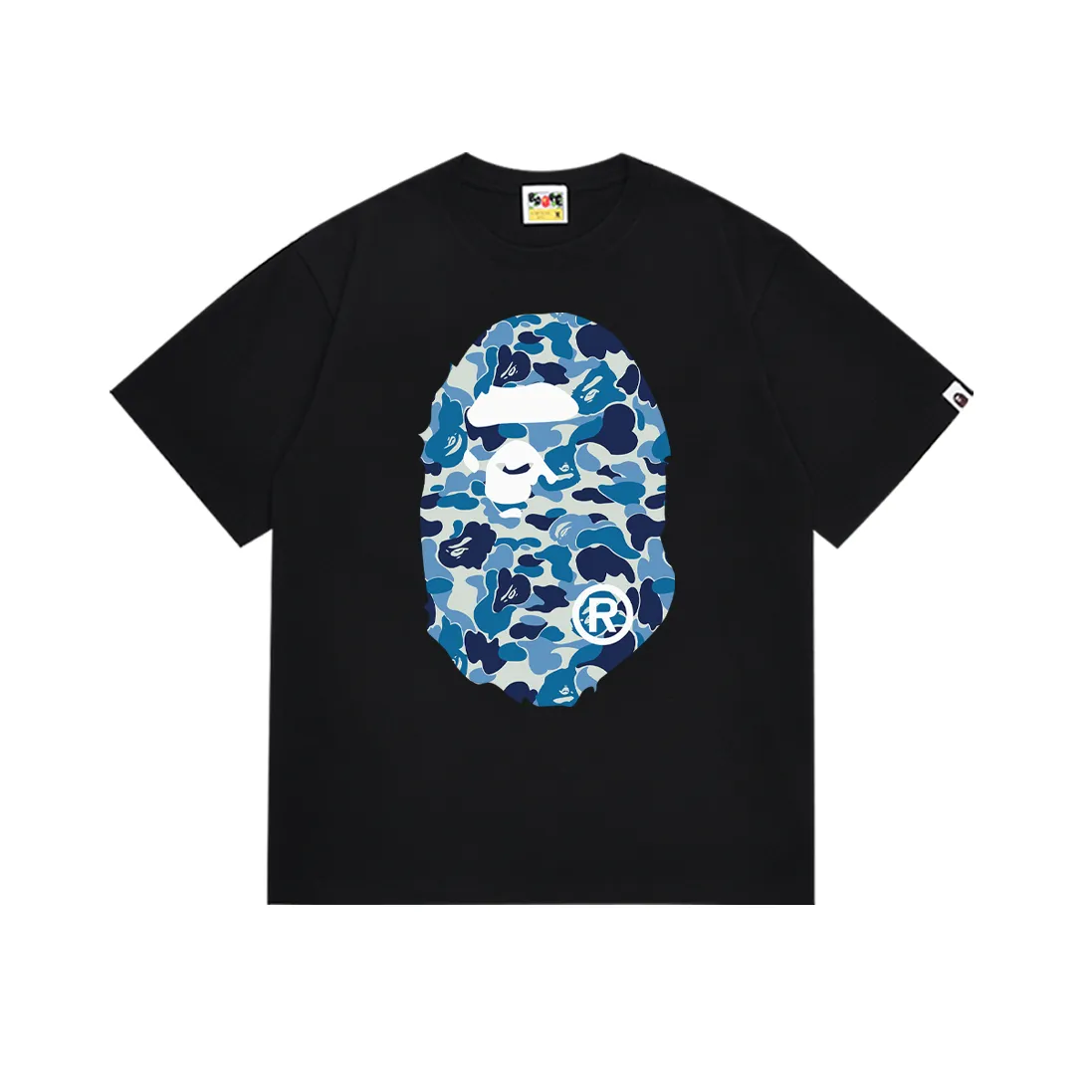 P110 SC036# (top version) BAPE ABC blue camouflage ape LOGO double-sided printed short-sleeved T-shirt. Made of 260 grams of high-quality high-weave pure cotton fabric. Double yarn combed, soft texture and no pilling. Imported environmentally friendly printing glue. Bright and three-dimensional pattern. Quality💥Same style for men and women. The upper body is trendy. Color: black and white. Size: S M L XL XXL