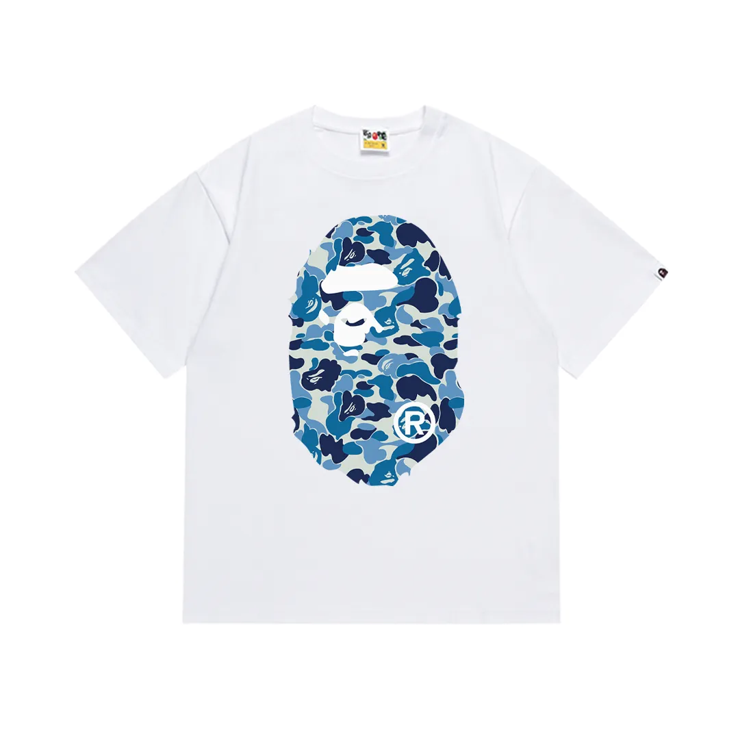 P110 SC036# (top version) BAPE ABC blue camouflage ape LOGO double-sided printed short-sleeved T-shirt. Made of 260 grams of high-quality high-weave pure cotton fabric. Double yarn combed, soft texture and no pilling. Imported environmentally friendly printing glue. Bright and three-dimensional pattern. Quality💥Same style for men and women. The upper body is trendy. Color: black and white. Size: S M L XL XXL