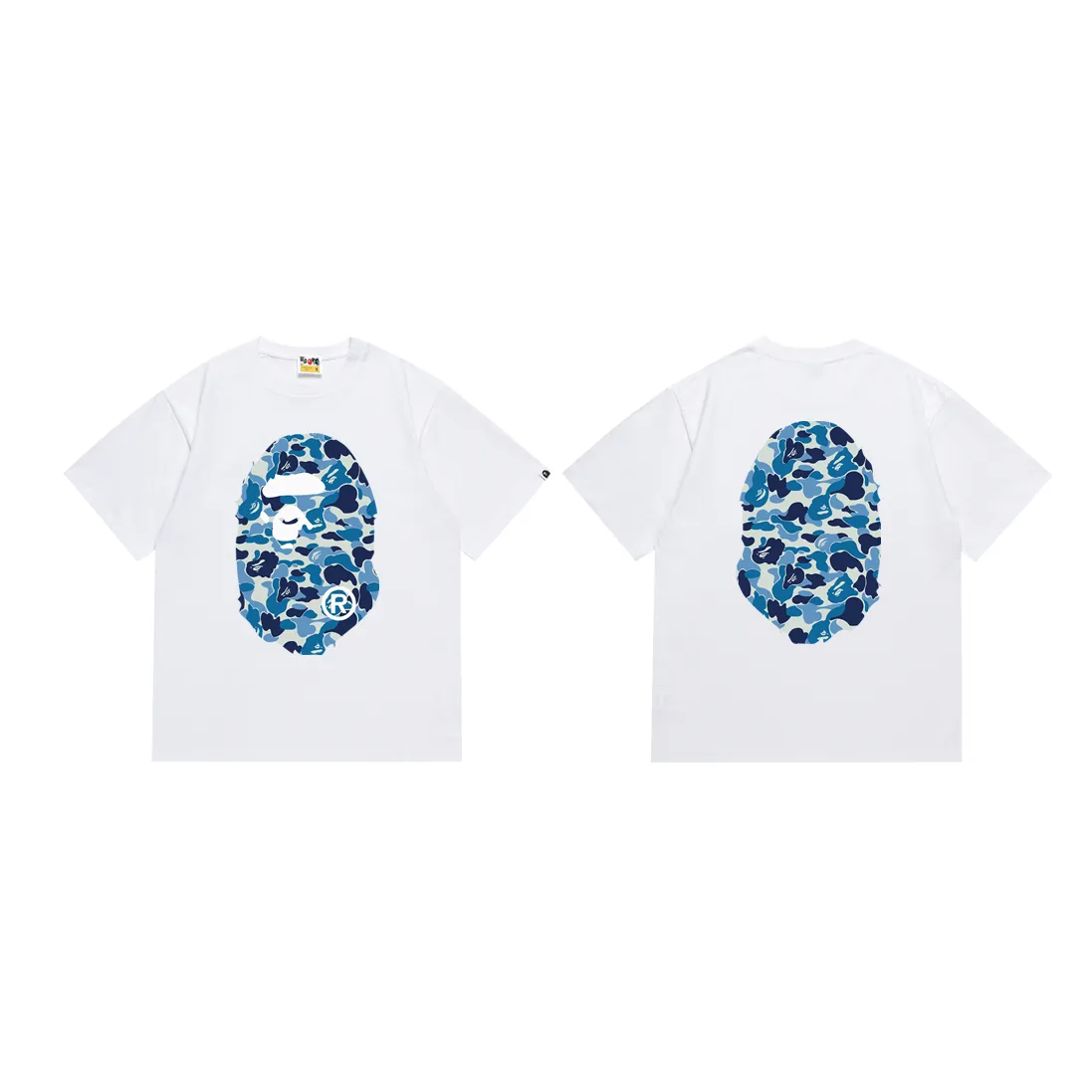 P110 SC036# (top version) BAPE ABC blue camouflage ape LOGO double-sided printed short-sleeved T-shirt. Made of 260 grams of high-quality high-weave pure cotton fabric. Double yarn combed, soft texture and no pilling. Imported environmentally friendly printing glue. Bright and three-dimensional pattern. Quality💥Same style for men and women. The upper body is trendy. Color: black and white. Size: S M L XL XXL