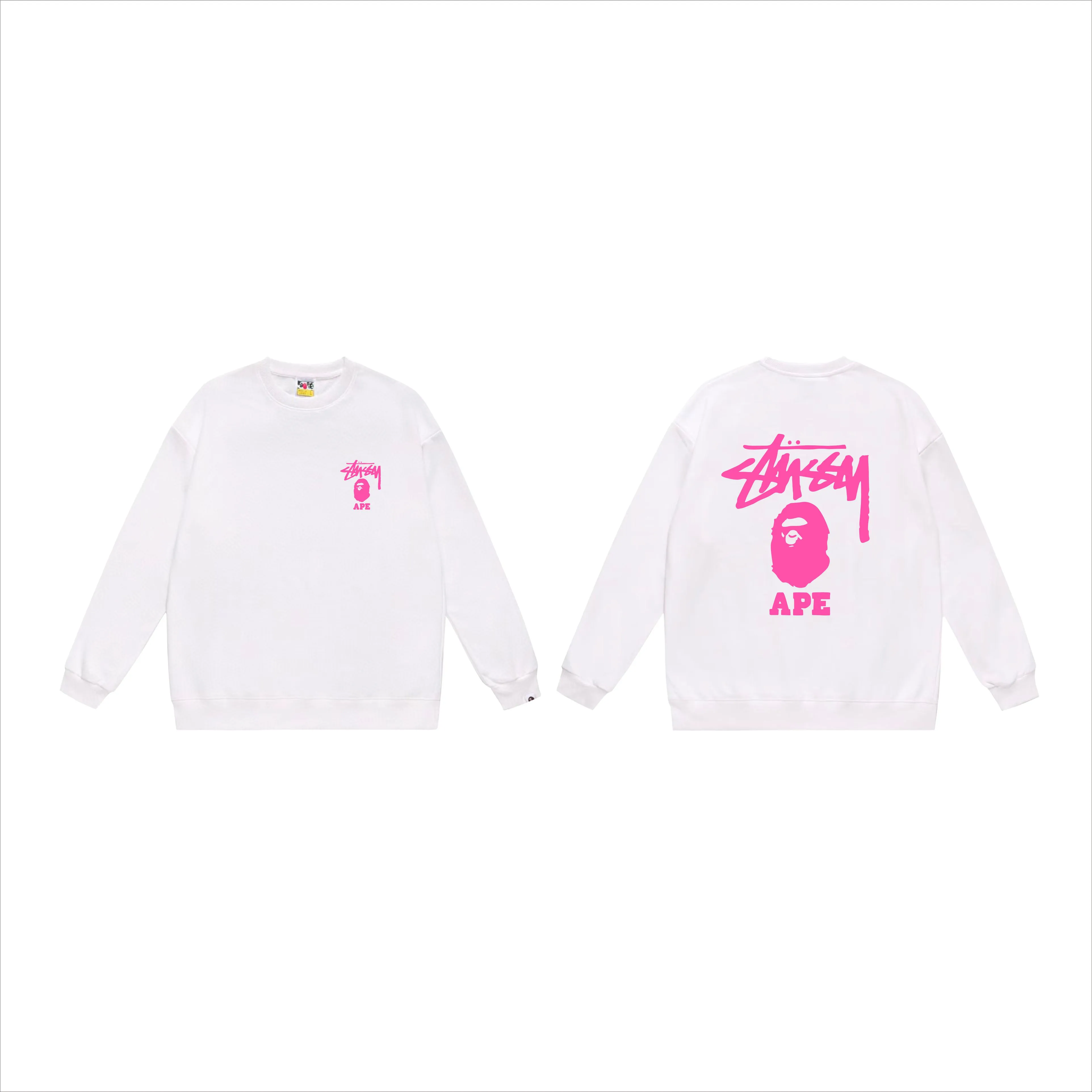 P150 model number SC502# terry 75 plus velvet 80 (top version) BAPE×STUSSY co-branded Stussy letter round neck sweatshirt Made of 350g large terry (large version with dropped shoulders) fabric, soft texture and no pilling Imported environmentally friendly printing glue, bright and three-dimensional pattern, quality 💥Same style for men and women, the upper body is fashionable Color: black pink white pink gray pink black white gray Size: S M L XL XXL
