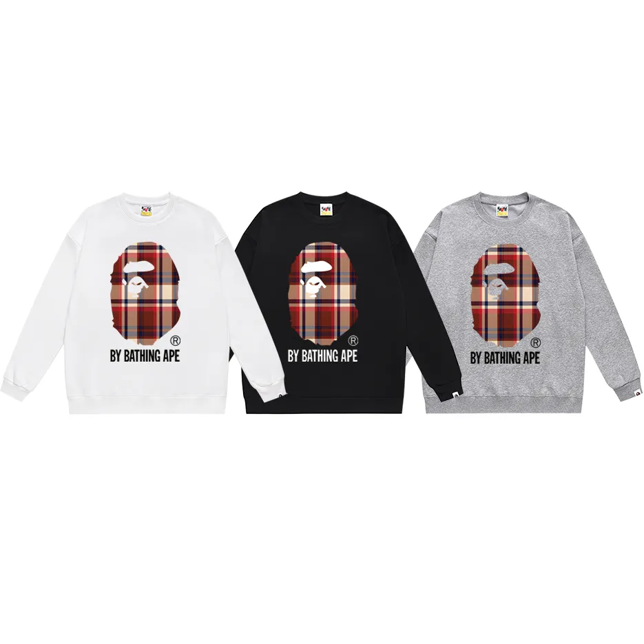 P150 model number SC450# terry 75 plus velvet 80 (top version) BAPE plaid ape head letter print pattern round neck sweatshirt Made of 350g large terry (drop shoulder large version) fabric, soft and non-pilling texture, imported environmentally friendly printing glue, bright and three-dimensional pattern, quality 💥Same style for men and women. The upper body is trendy. Color: black green, white green, gray green, black red, white red, gray red Size: S M L XL XXL