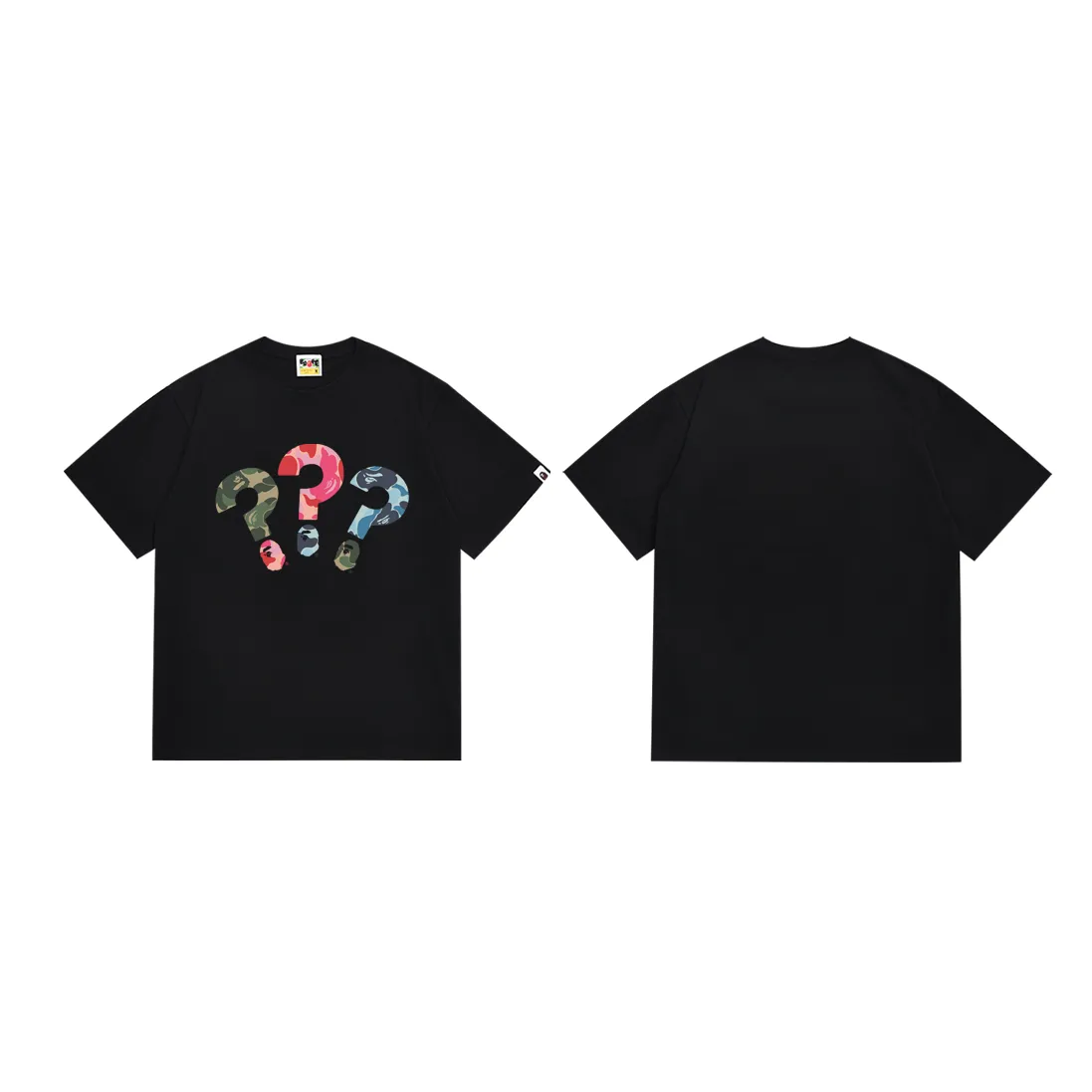 P110 SC064# (top version) BAPE ape-man head classic letter printed short-sleeved T-shirt Camouflage ape-man head question mark ❓❓❓ printing Made of 260 grams of high-quality high-weave pure cotton fabric Double yarn combed soft texture without pilling Imported environmentally friendly printing glue The pattern is bright and three-dimensional Quality 💥Same style for men and women The upper body is trendy Color: black white Size: S M L XL XXL