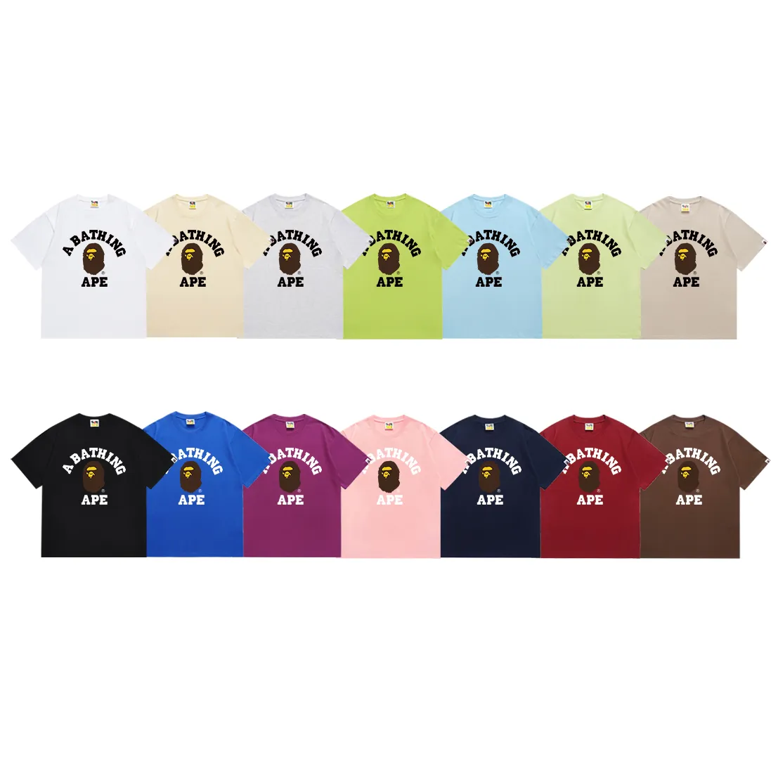 P110 SC057# (top version) BAPE Ape Man's Little Head classic letter printed short-sleeved T-shirt Made of 260 grams of high-quality high-weave pure cotton fabric, double yarn combed, soft texture and no pilling Imported environmentally friendly printing glue, bright and three-dimensional pattern, quality 💥unisex style, the upper body is trendy Color: black, burgundy, Klein blue, raspberry, brown, white, navy blue, fluorescent green, sky blue, apricot, khaki, floral gray Pink white Pink black Size: S M L XL XXL