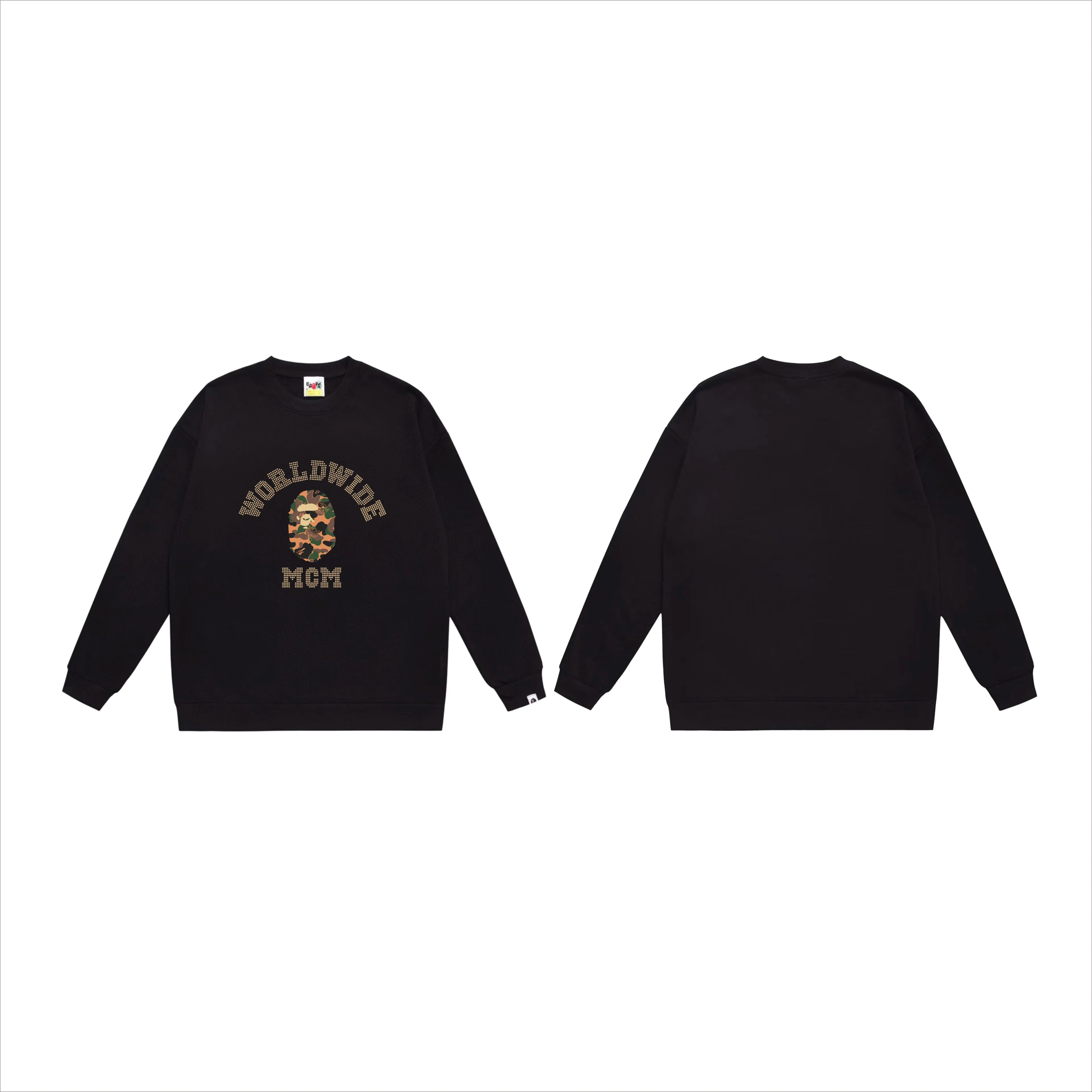 P150 model number SC540# terry 75 plus velvet 80 (top version) BAPE×MCM Rhinestone collegea joint series ape-head letter print pattern round neck sweatshirt. Made of 350 grams of large terry (drop shoulder large version) fabric. The texture is soft and non-pilling. Imported environmentally friendly printing glue has a bright and three-dimensional pattern. Quality💥Same style for men and women. The upper body is trendy. Color: black white gray Size: S M L XL XXL