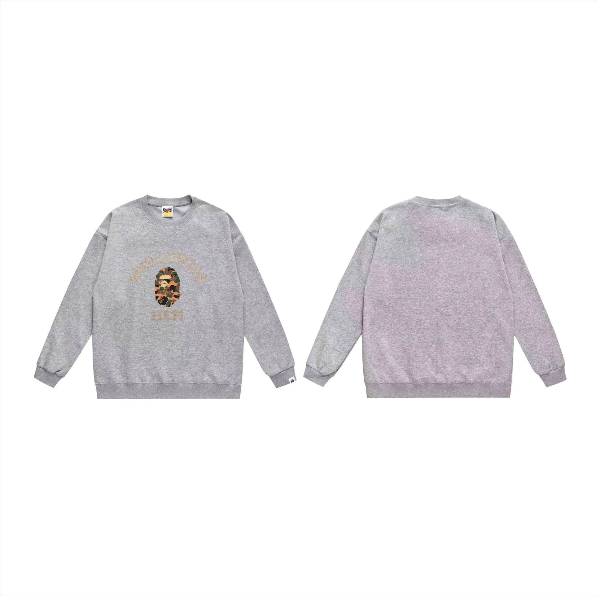 P150 model number SC540# terry 75 plus velvet 80 (top version) BAPE×MCM Rhinestone collegea joint series ape-head letter print pattern round neck sweatshirt. Made of 350 grams of large terry (drop shoulder large version) fabric. The texture is soft and non-pilling. Imported environmentally friendly printing glue has a bright and three-dimensional pattern. Quality💥Same style for men and women. The upper body is trendy. Color: black white gray Size: S M L XL XXL